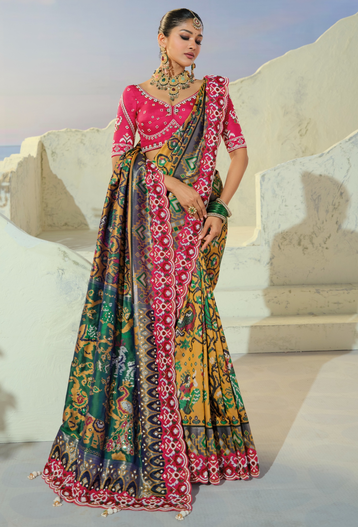 Mustard Rani Pink Patola Moti Pure Patan Saree