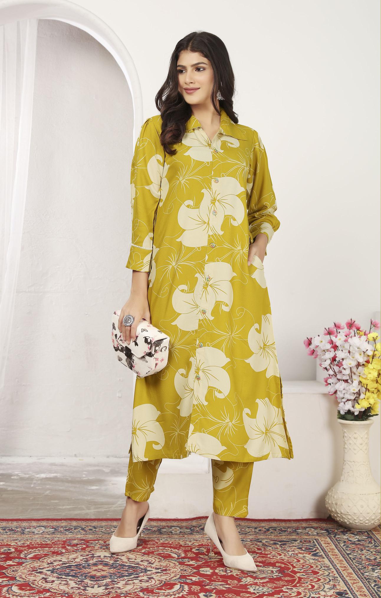 Mustard Rayon Designer Printed