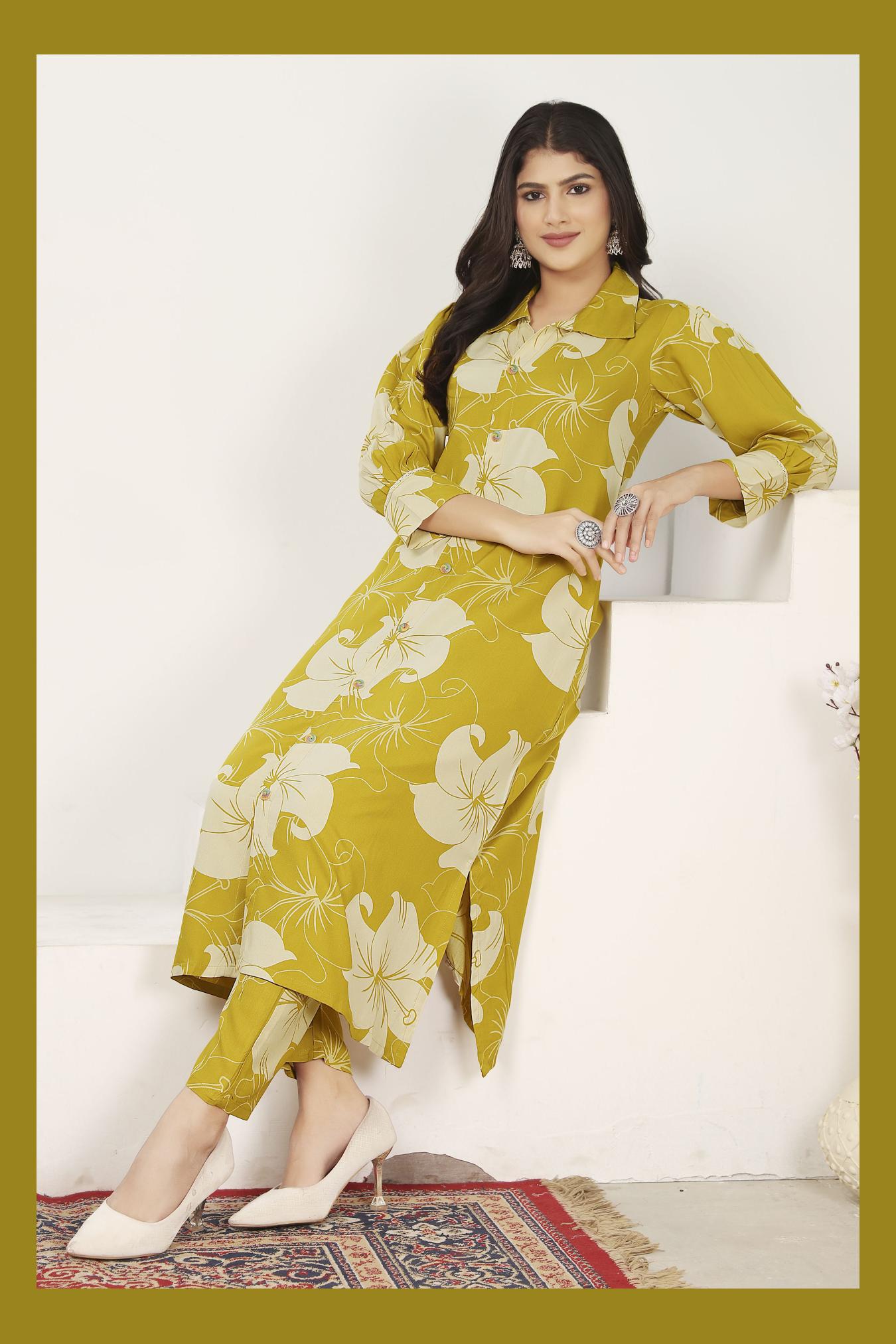 Mustard Rayon Designer Printed