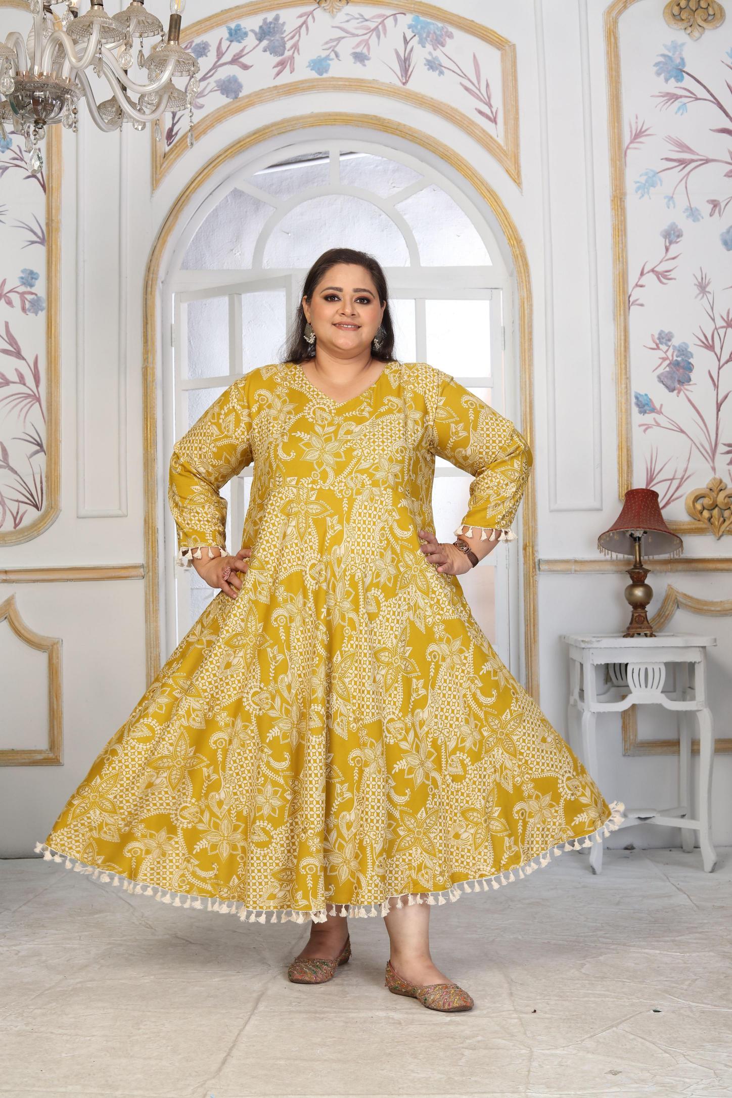 Mustard Rayon Designer Printed Long Kurti