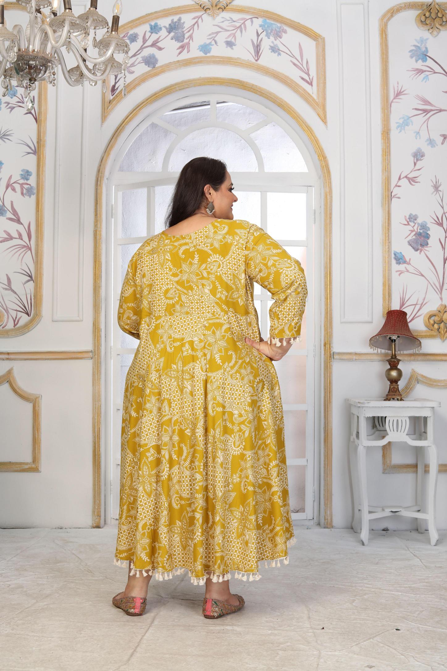 Mustard Rayon Designer Printed Long Kurti — alternate view