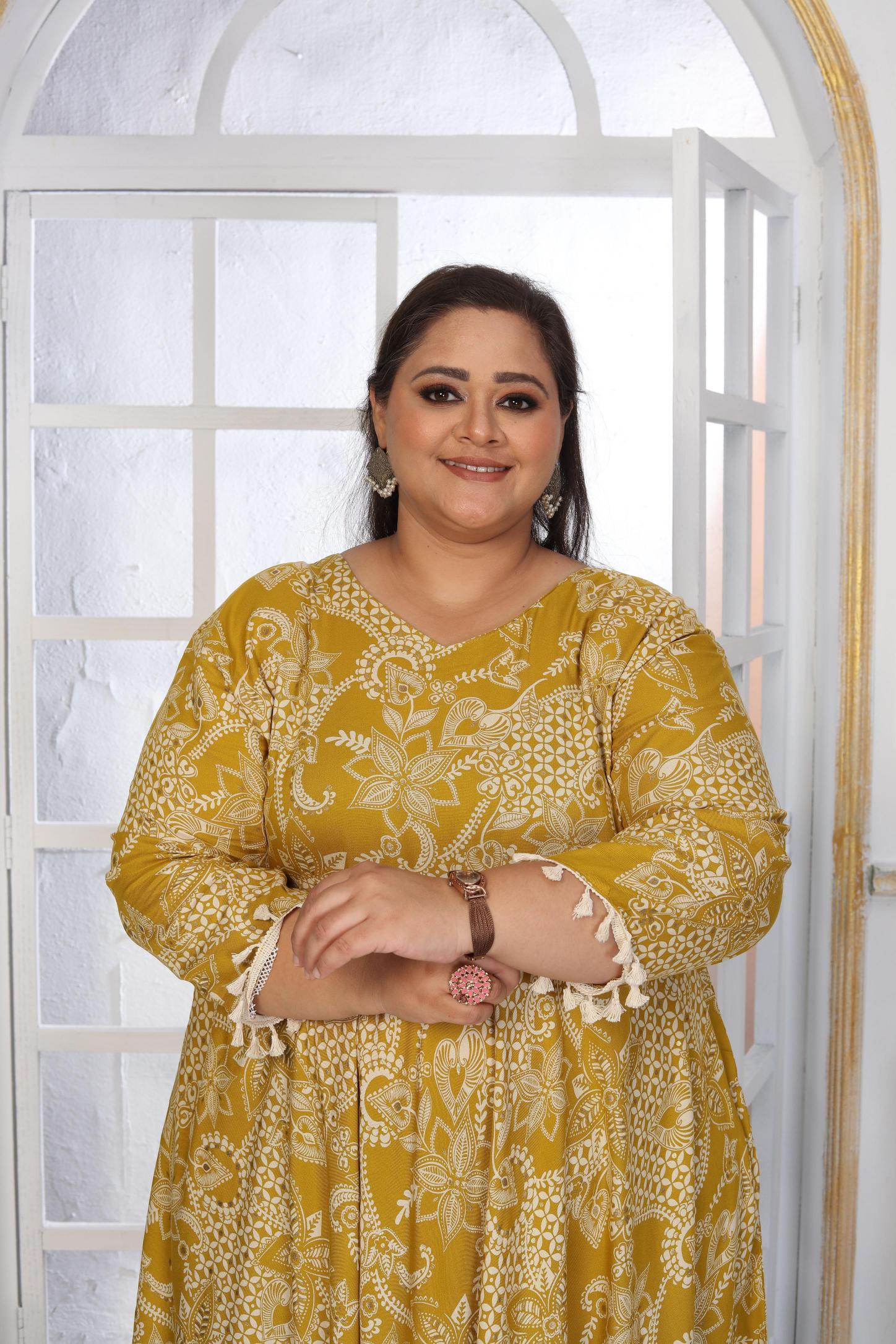Mustard Rayon Designer Printed Long Kurti