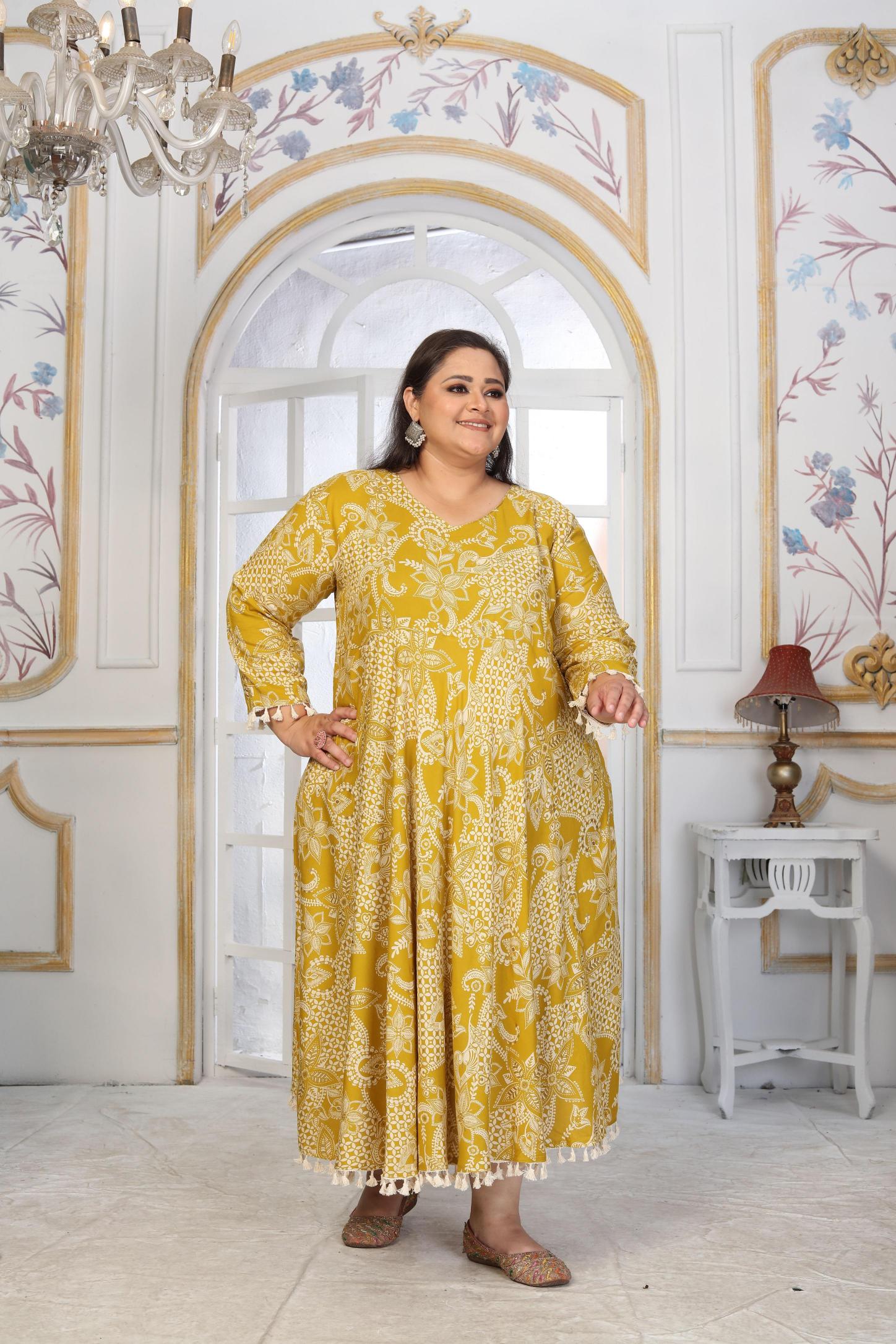 Mustard Rayon Designer Printed Long Kurti