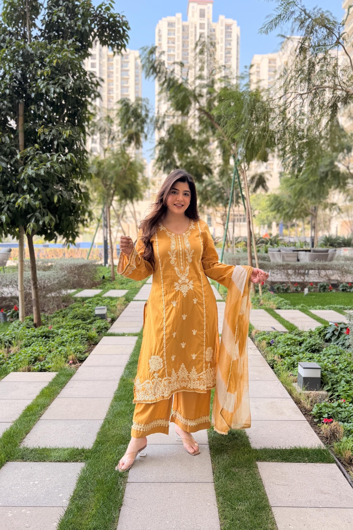 Mustard Roman Silk Palazzo Suit