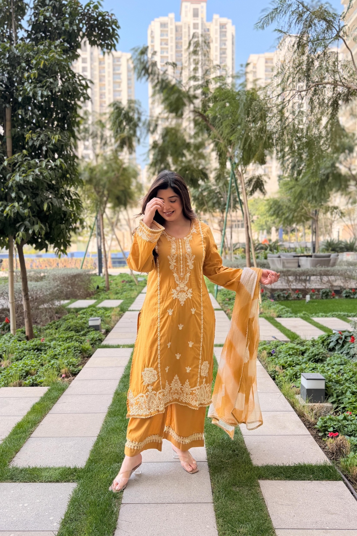 Mustard Roman Silk Palazzo Suit