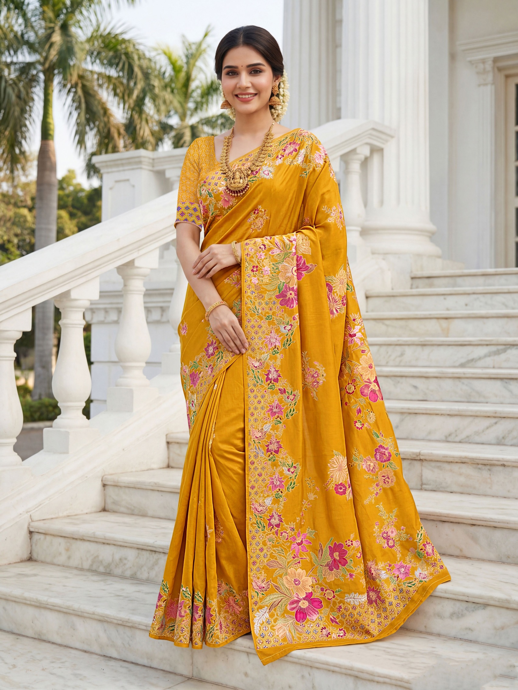 Mustard Russian Silk Floral Printed Designer Saree