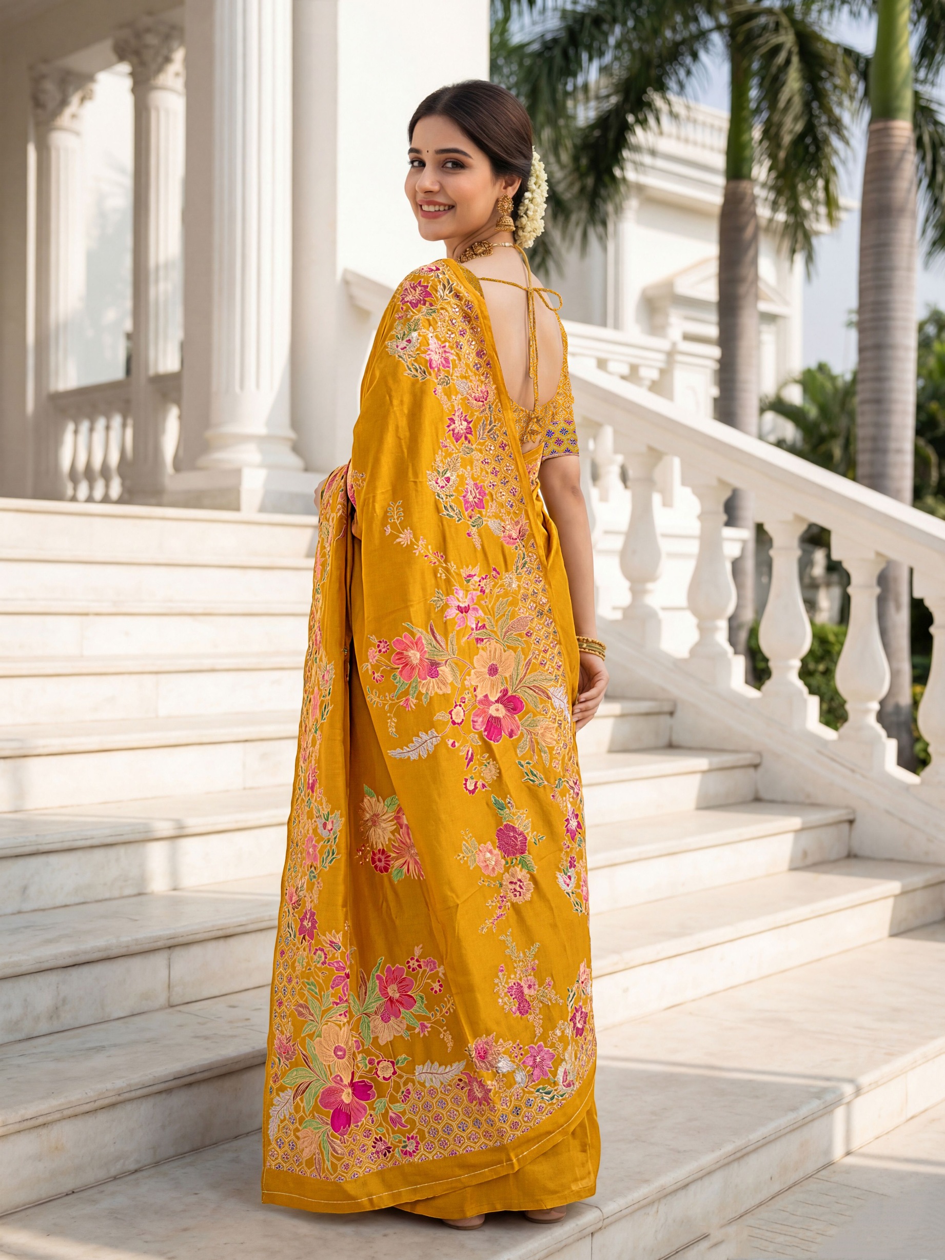 Mustard Russian Silk Floral Printed Designer Saree — alternate view