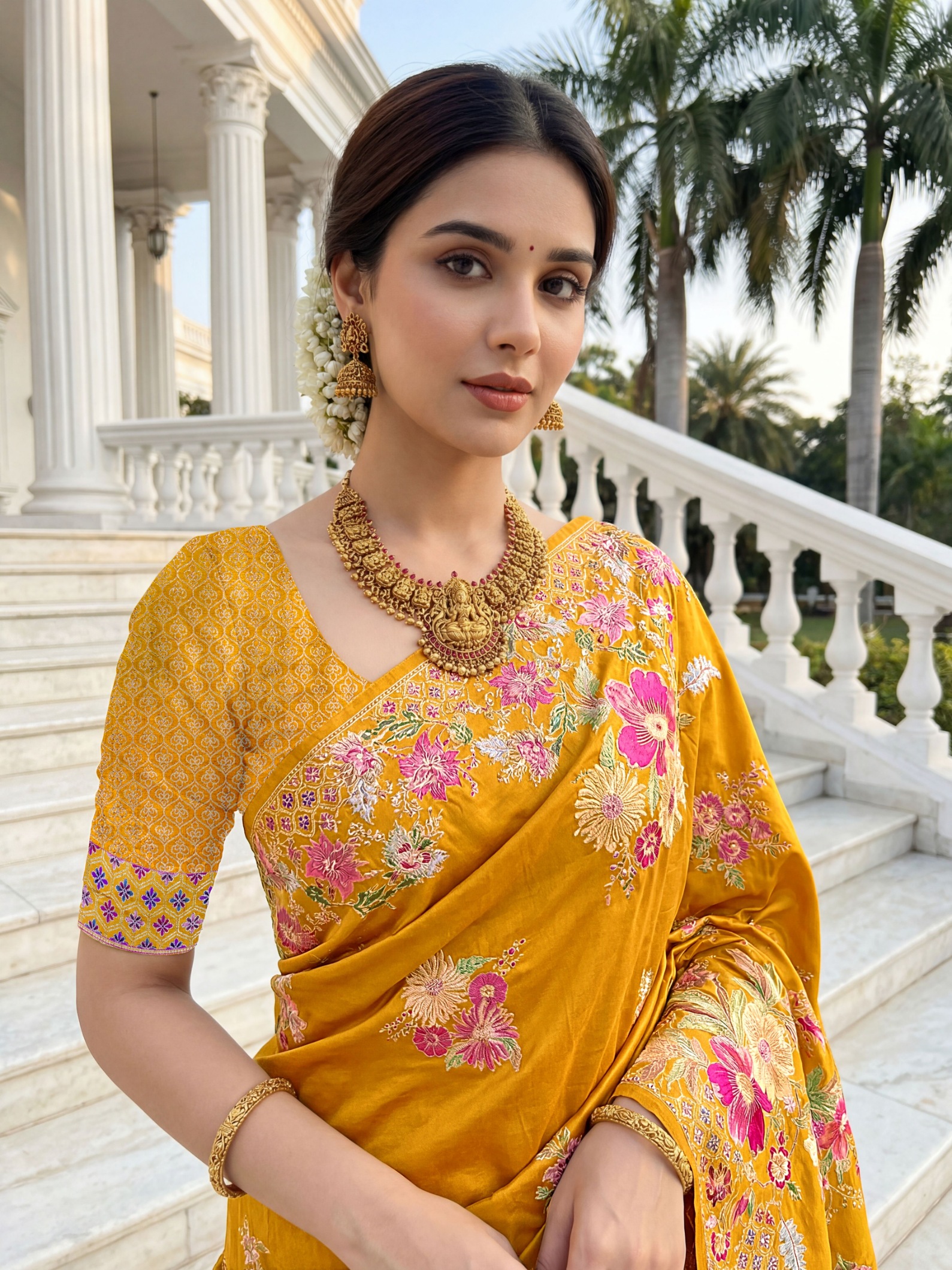 Mustard Russian Silk Floral Printed Designer Saree