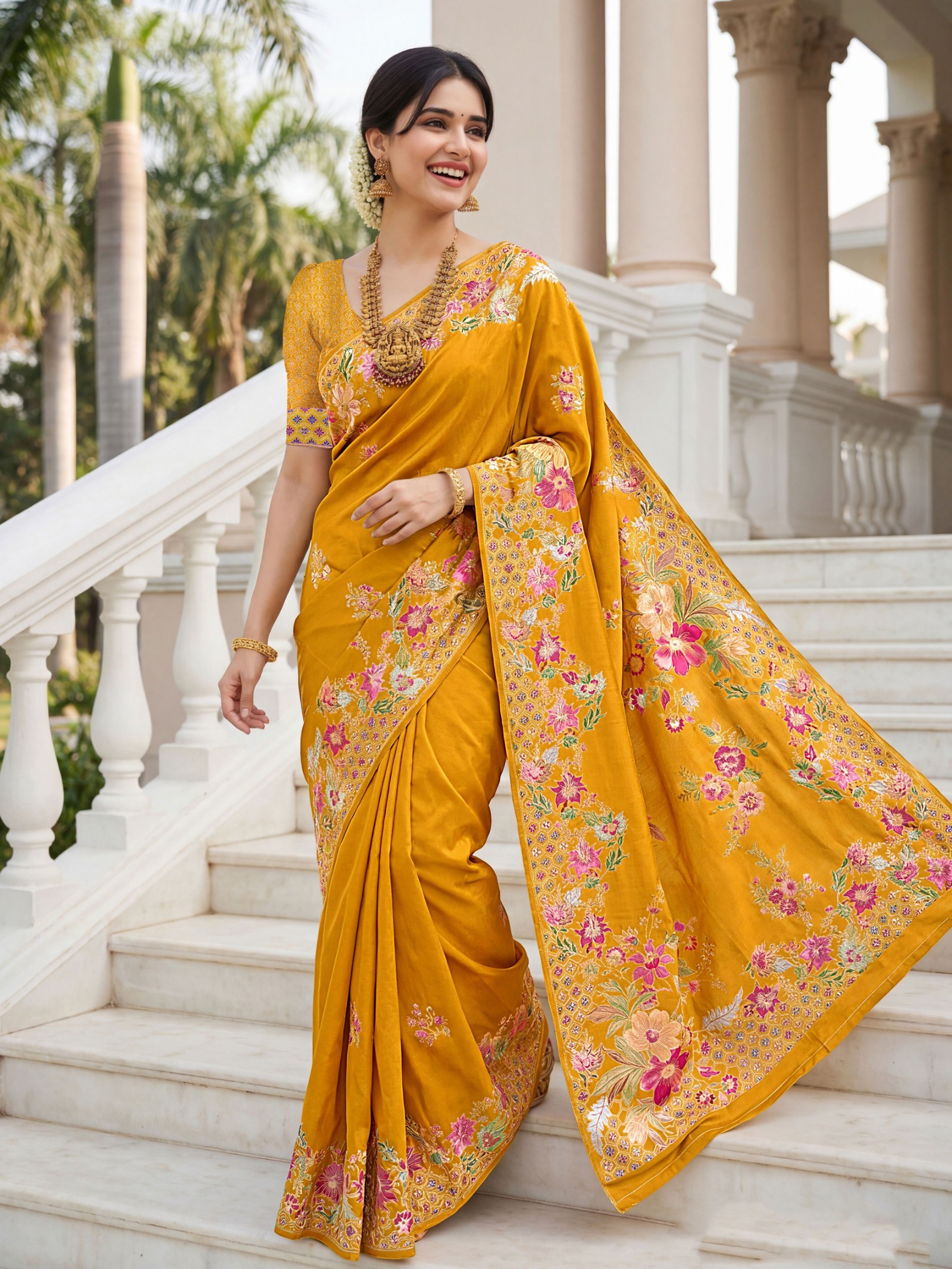 Mustard Russian Silk Floral Printed Designer Saree