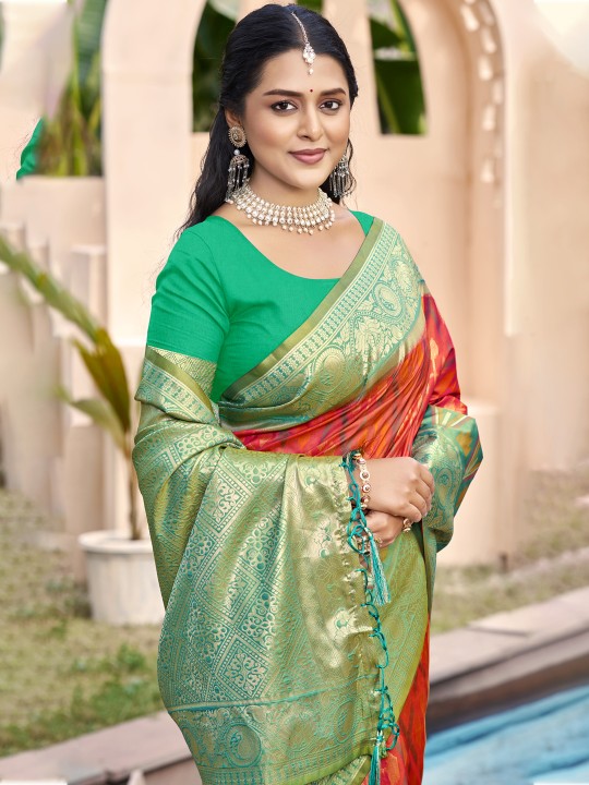Mustard Sea Green Pochampalli Silk Saree
