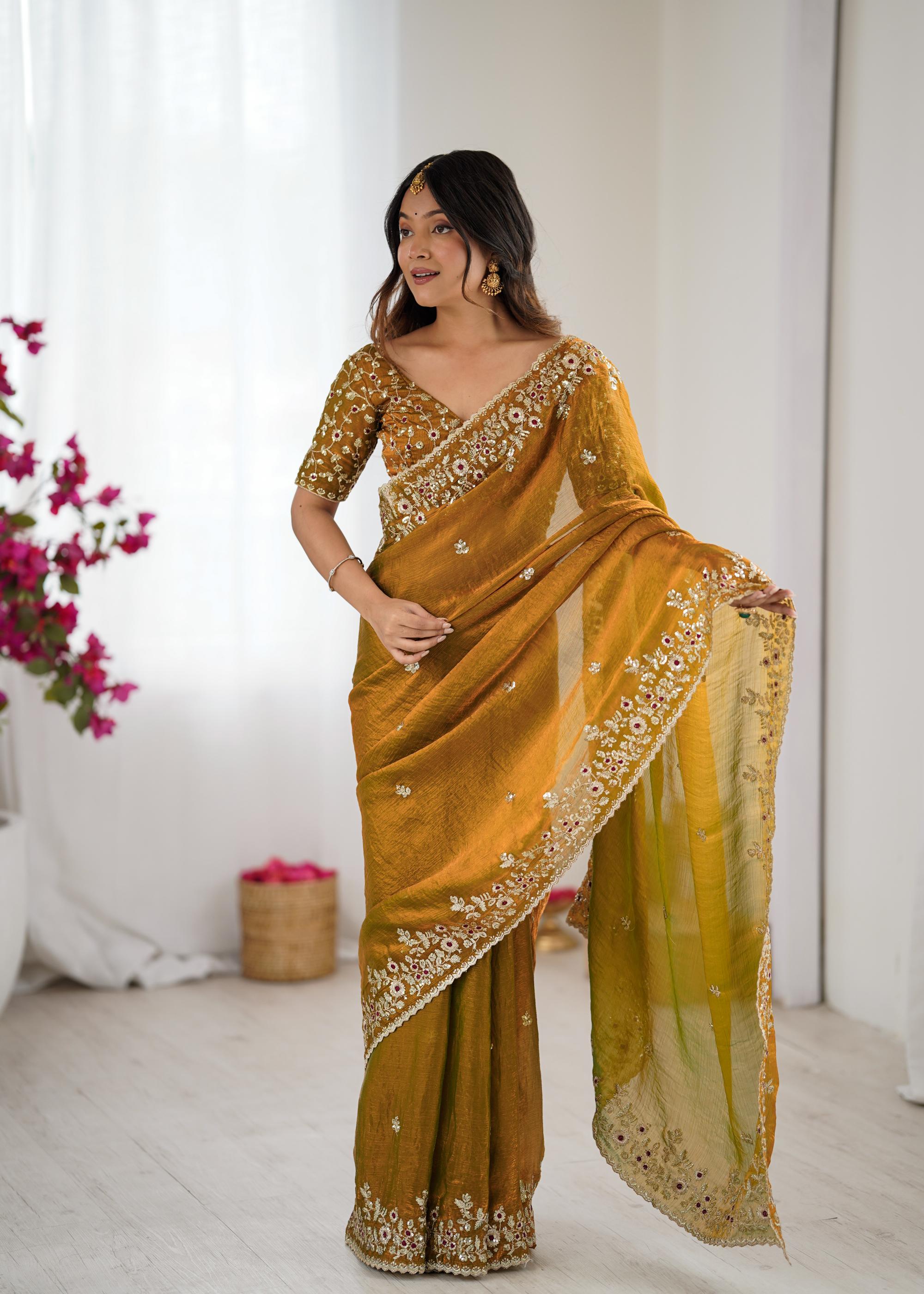 Mustard Sequins Embroidered Fendi Chiffon Saree