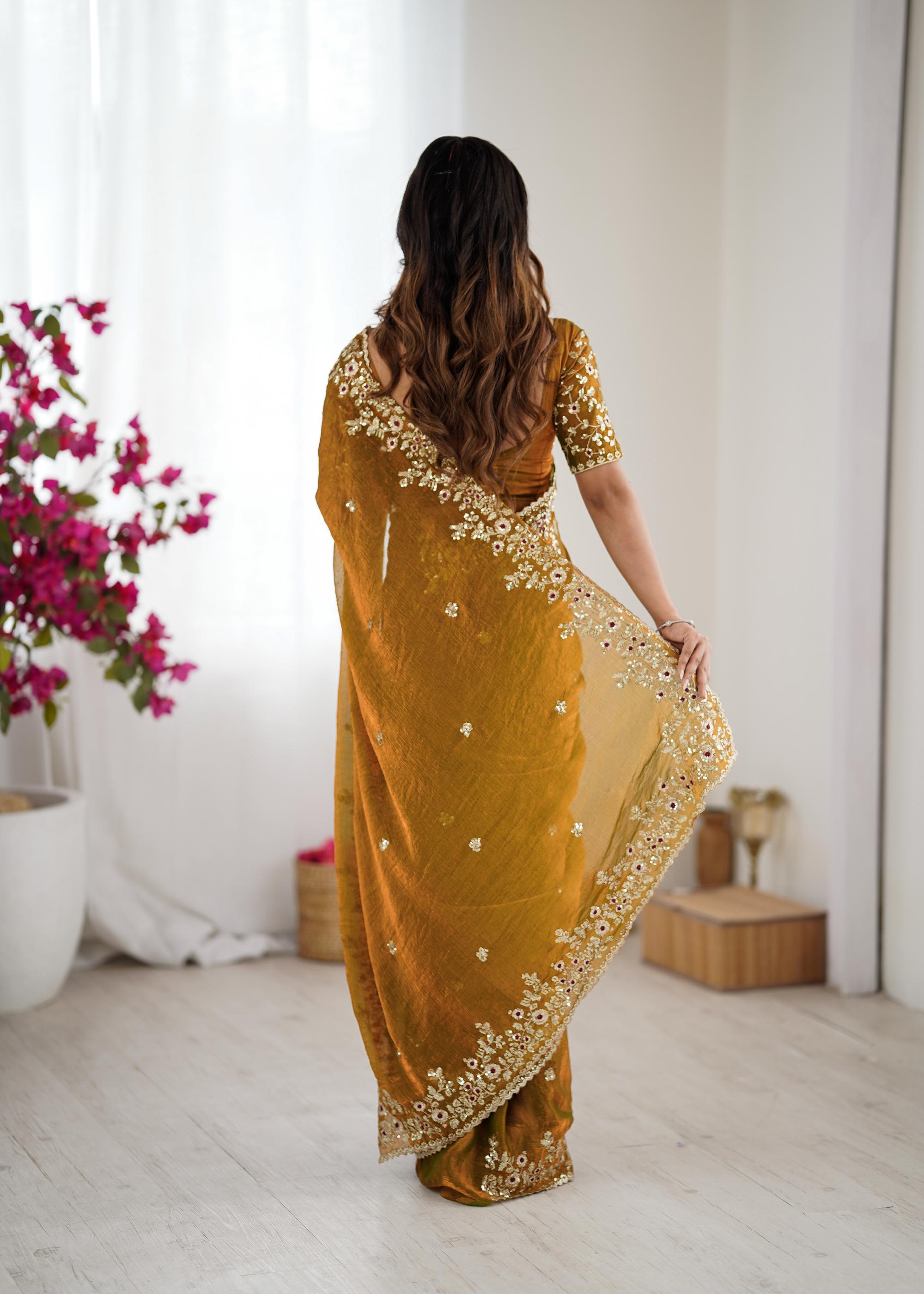 Mustard Sequins Embroidered Fendi Chiffon Saree — alternate view