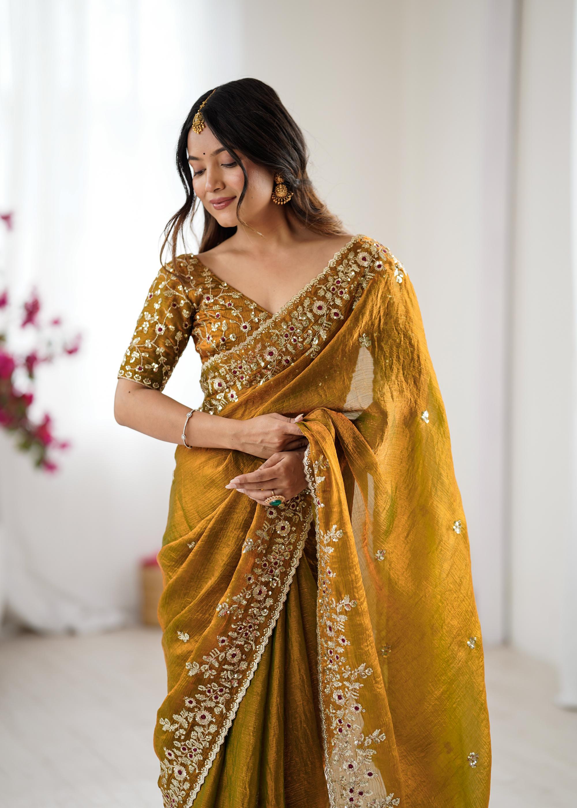 Mustard Sequins Embroidered Fendi Chiffon Saree