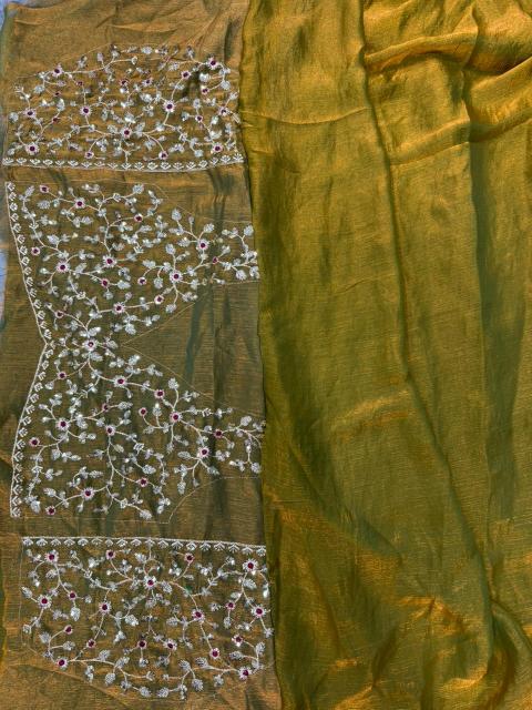 Mustard Sequins Embroidered Fendi Chiffon Saree