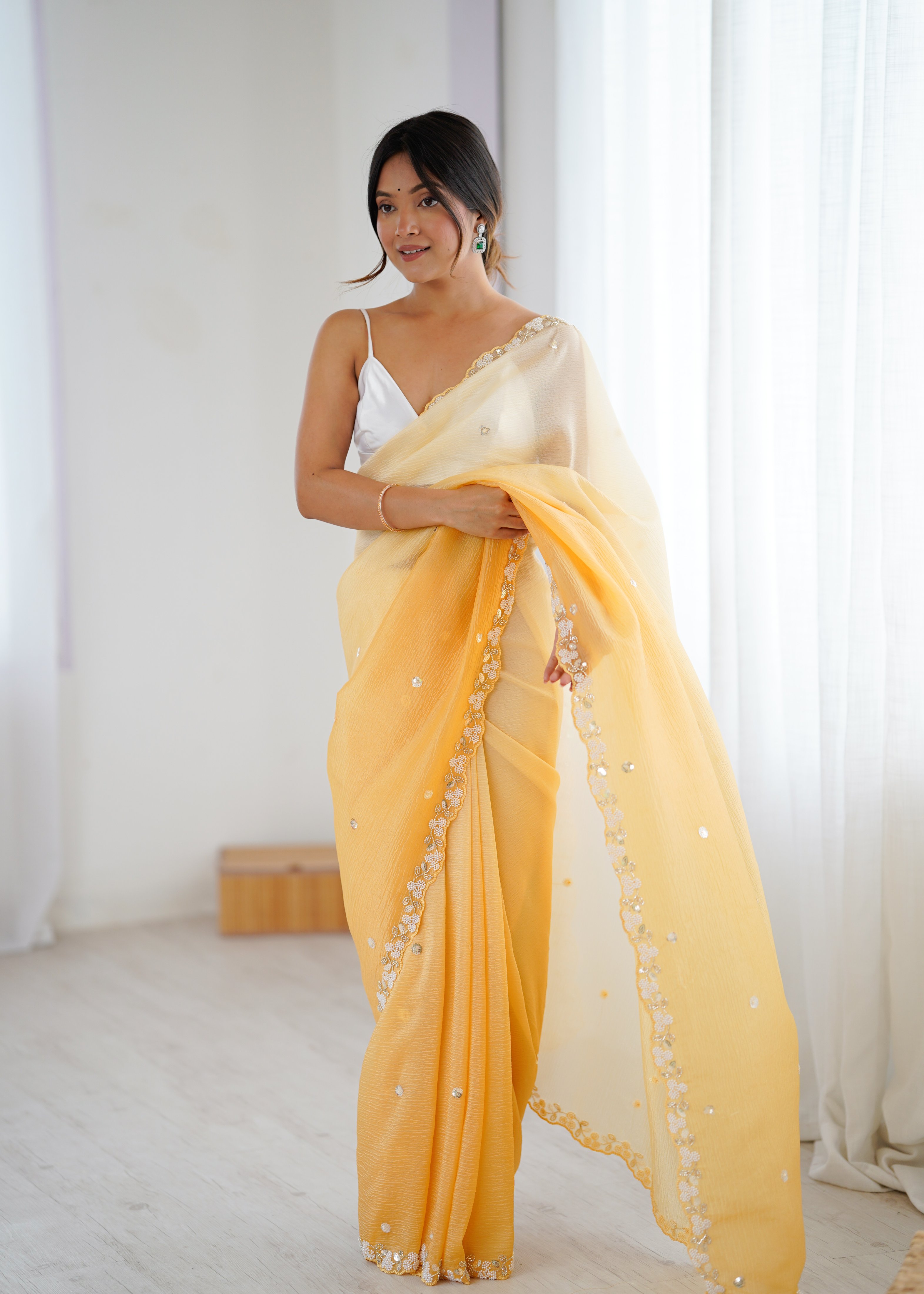 Mustard Shaded Crush Sequin N Moti Cut Work Chiffon Saree