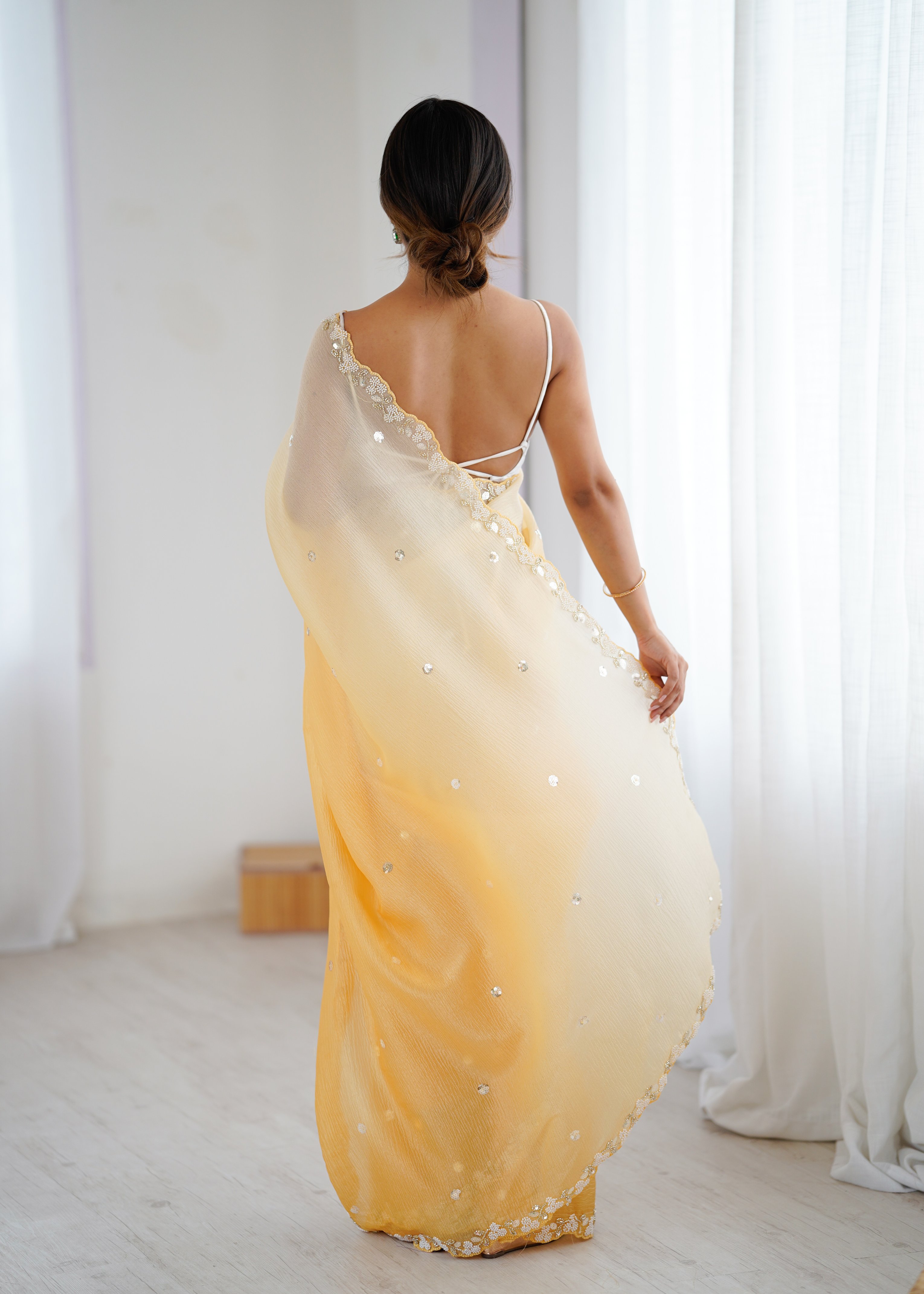 Mustard Shaded Crush Sequin N Moti Cut Work Chiffon Saree — alternate view