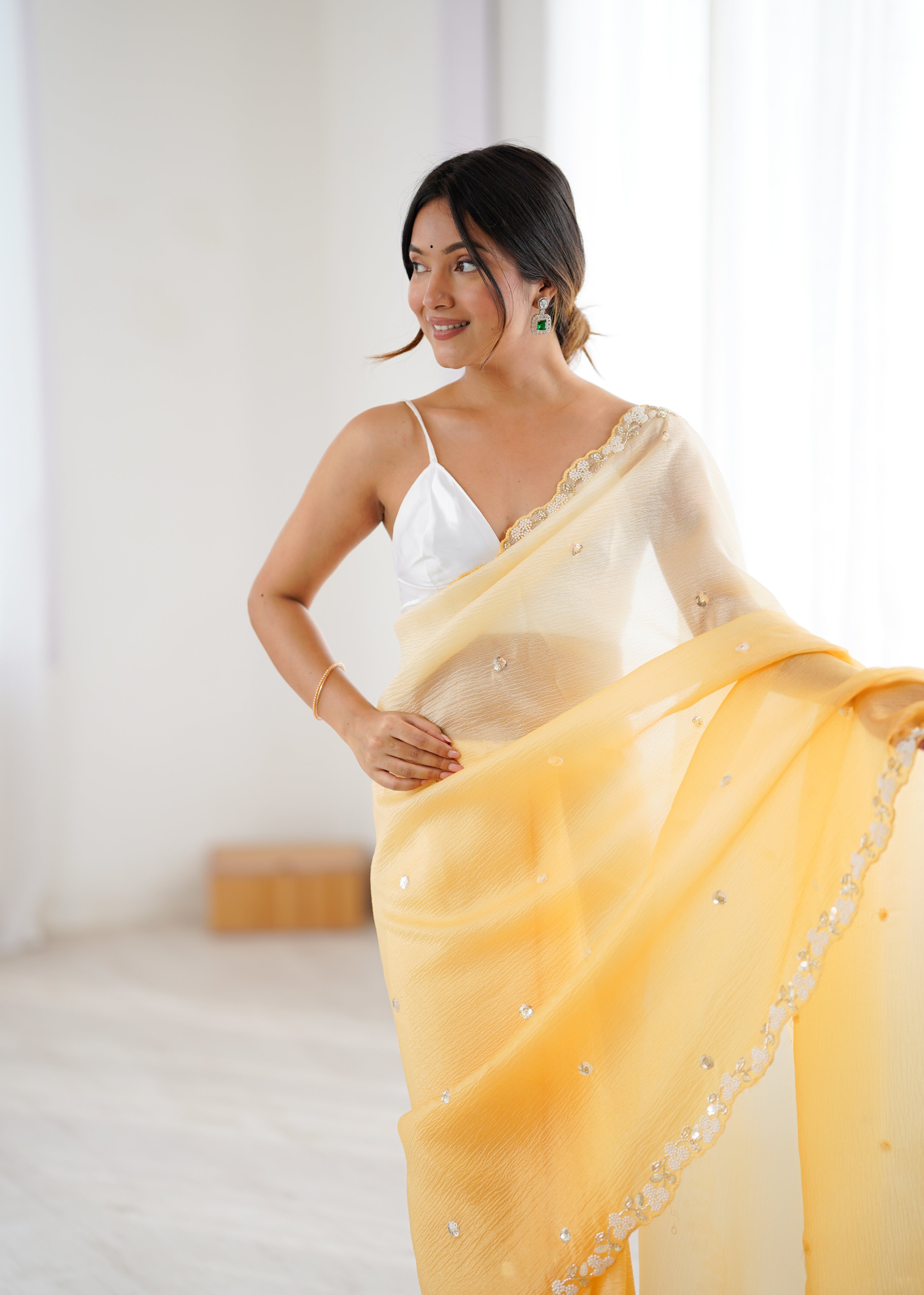 Mustard Shaded Crush Sequin N Moti Cut Work Chiffon Saree