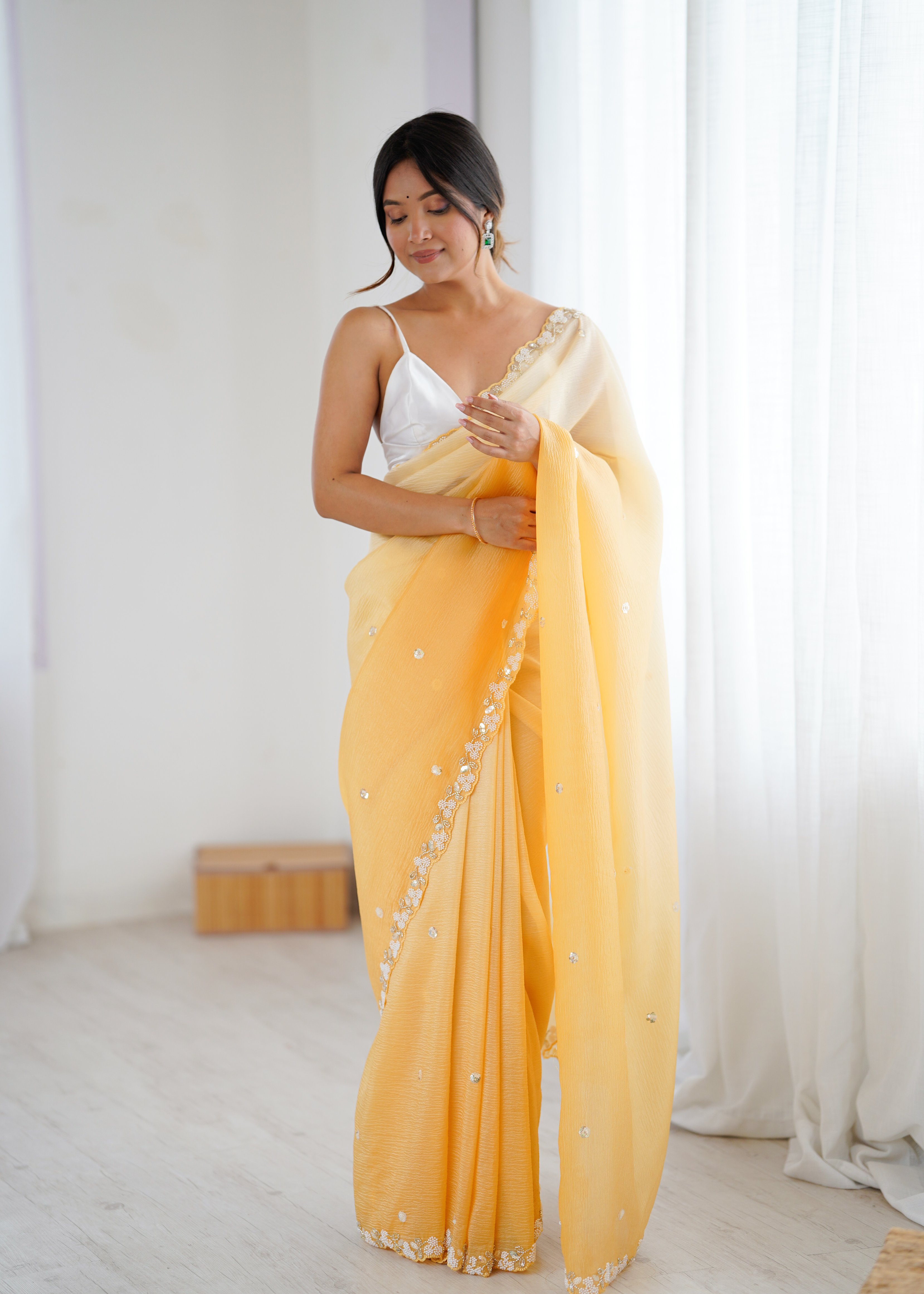 Mustard Shaded Crush Sequin N Moti Cut Work Chiffon Saree