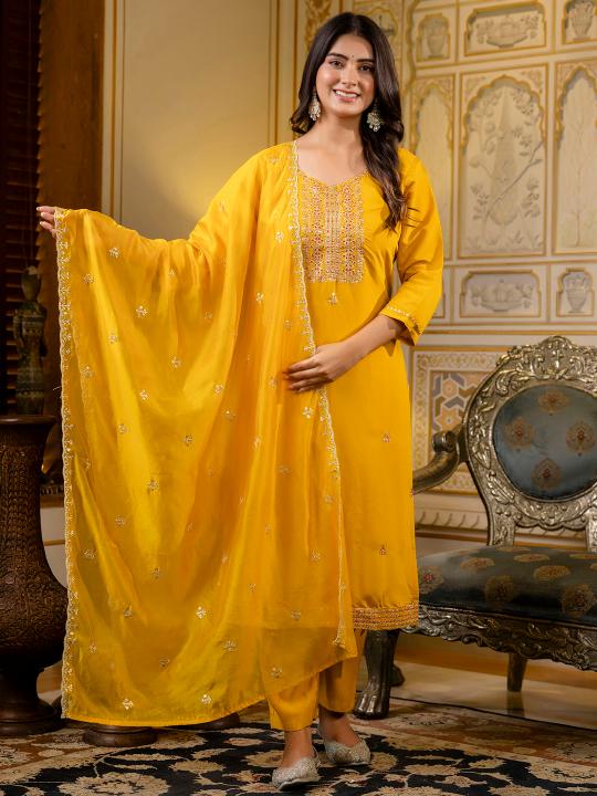 Mustard Silk Blend Readymade Suits