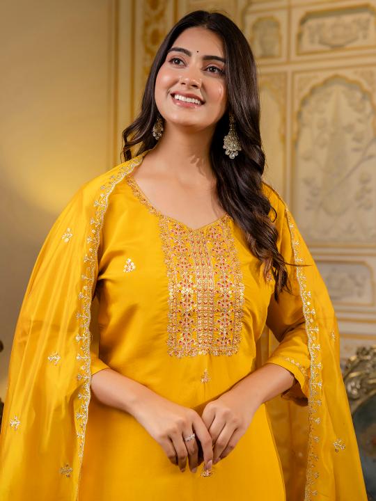 Mustard Silk Blend Readymade Suits