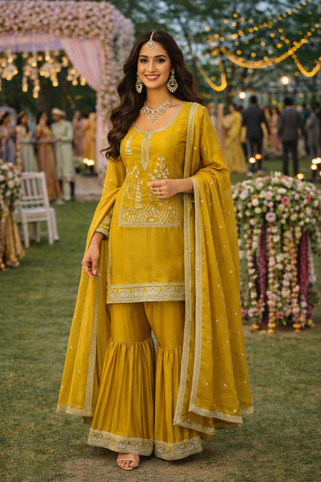 Mustard Silk Embroidered Palazzo Suit