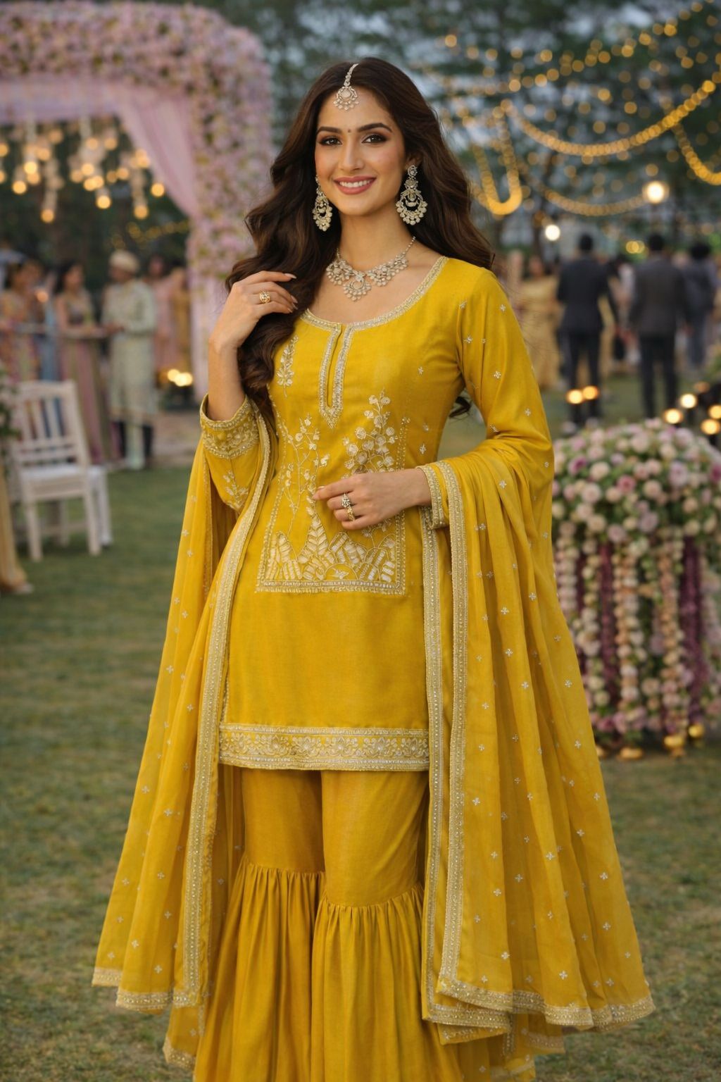 Mustard Silk Embroidered Palazzo Suit