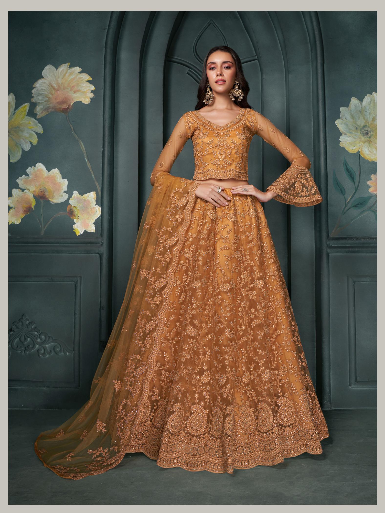 Mustard Soft Net Embroidery Lehenga