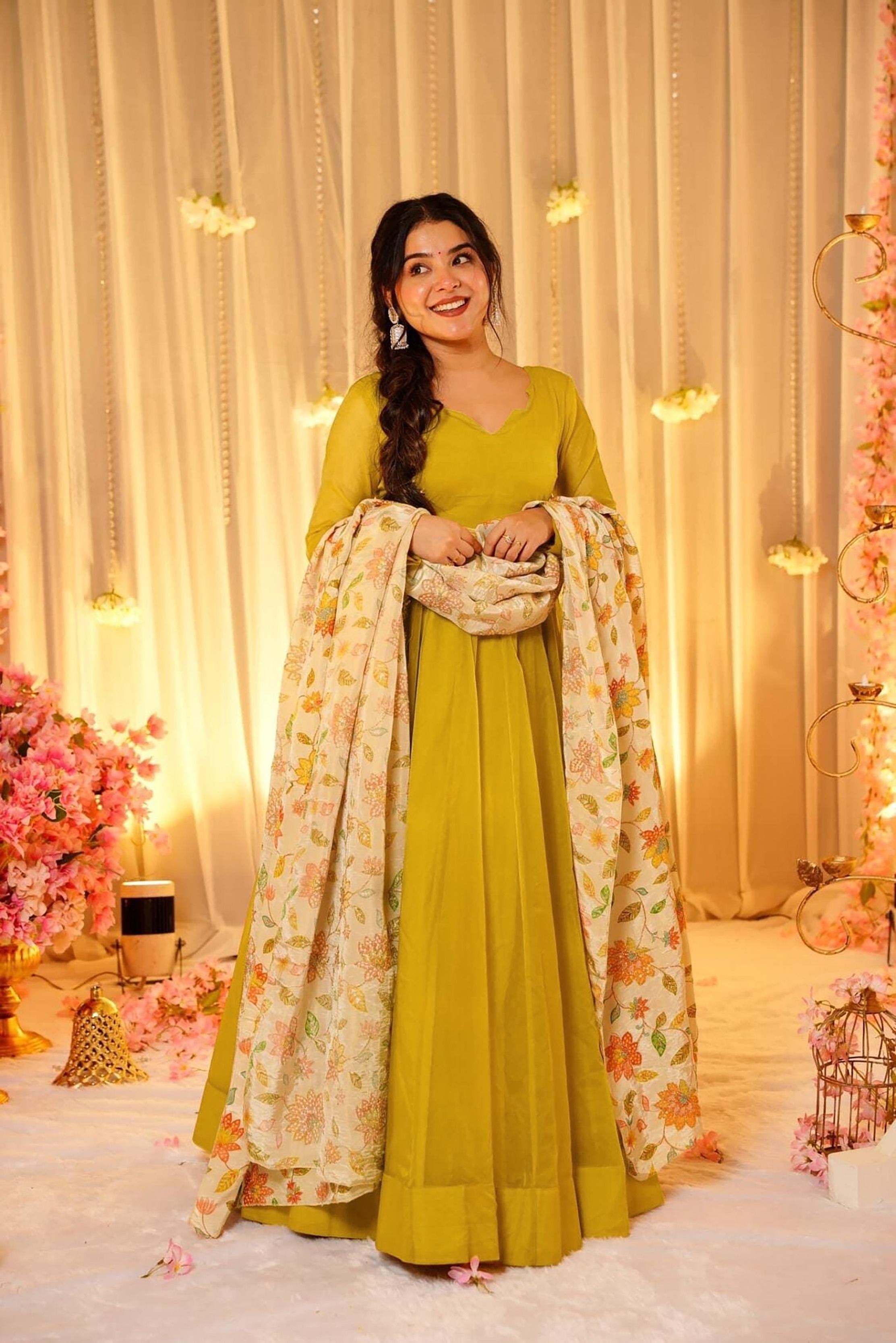 Mustard Soft Silk Readymade Gown