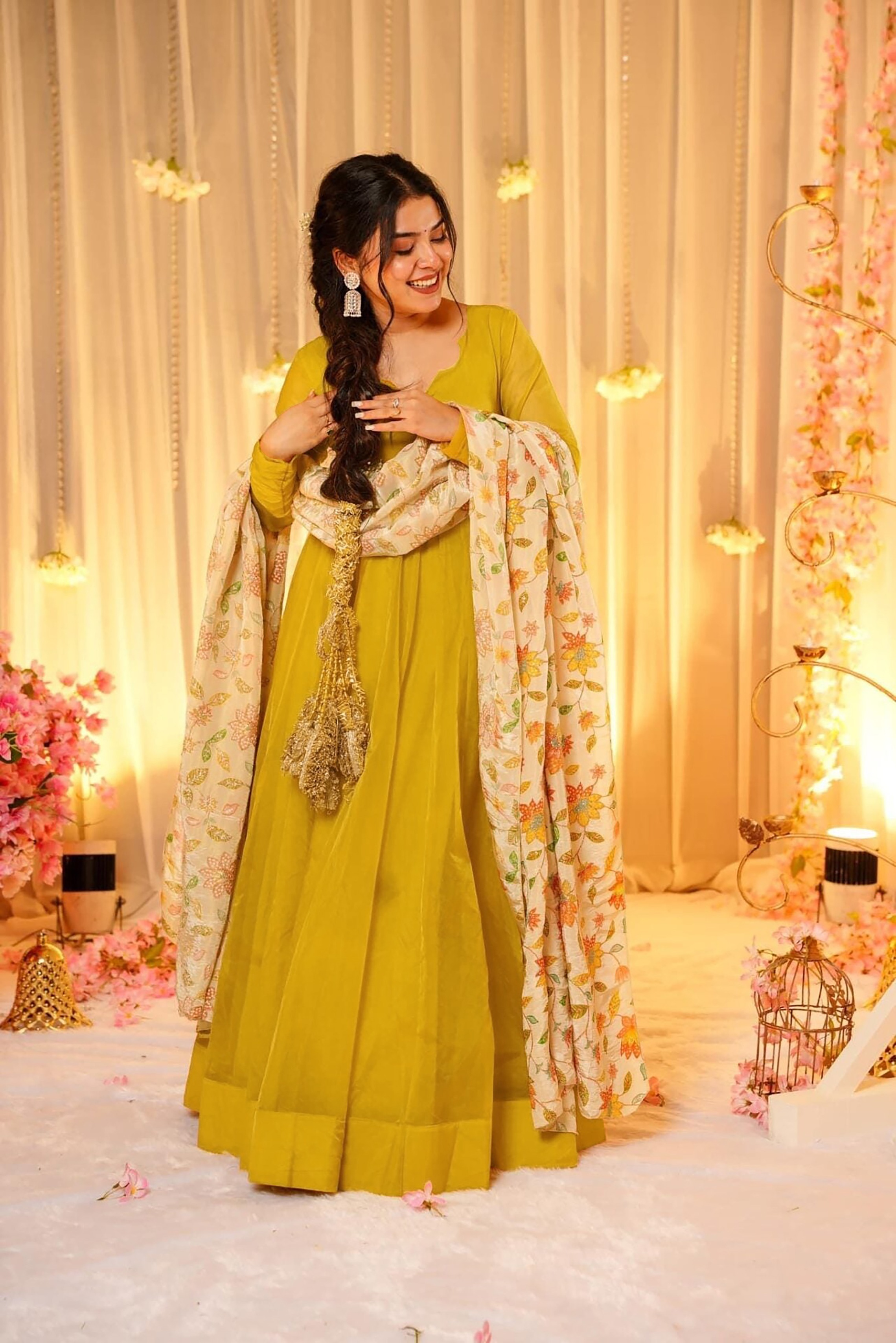 Mustard Soft Silk Readymade Gown