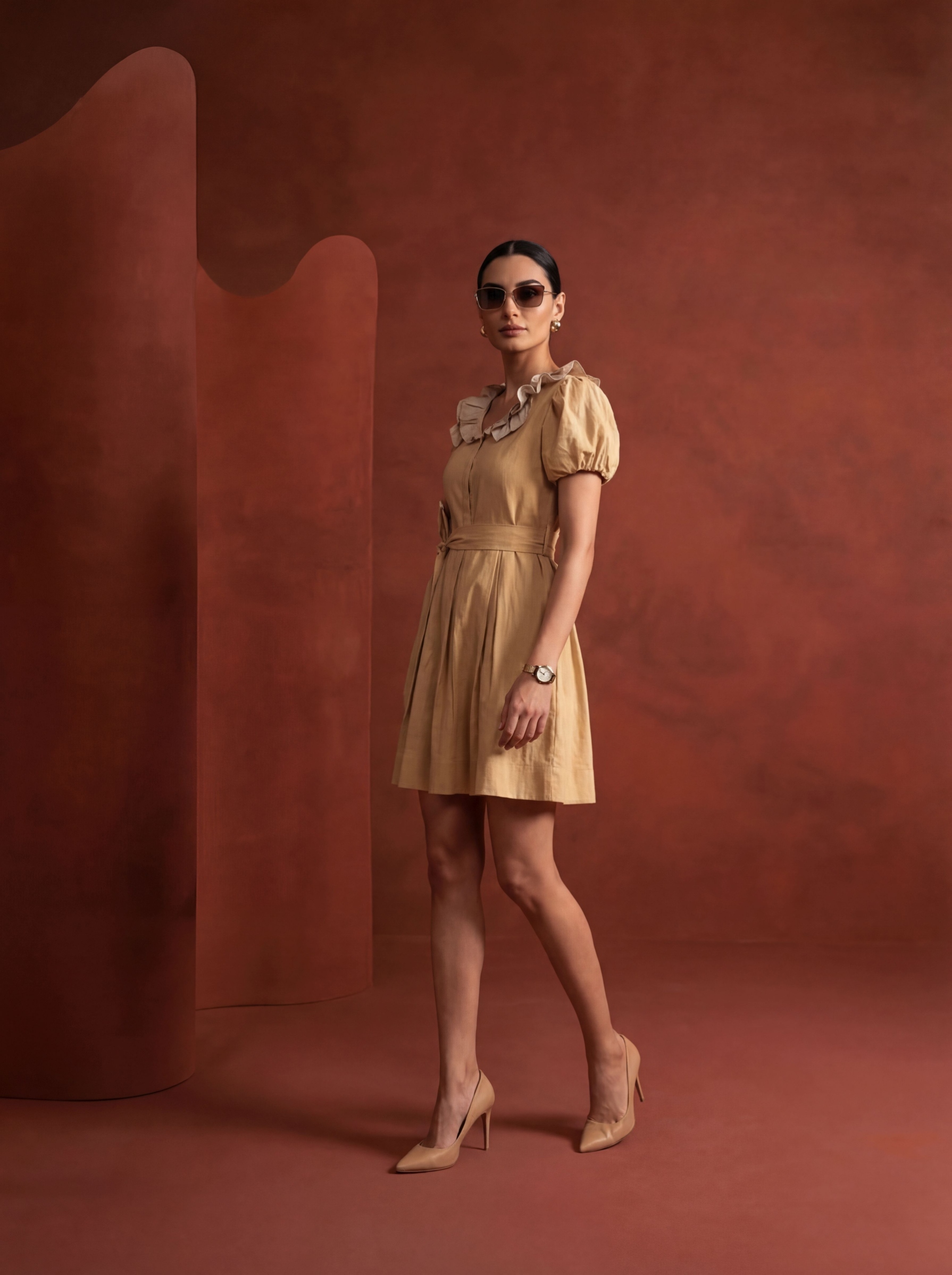 Mustard Solid Designer Linen Western Dress