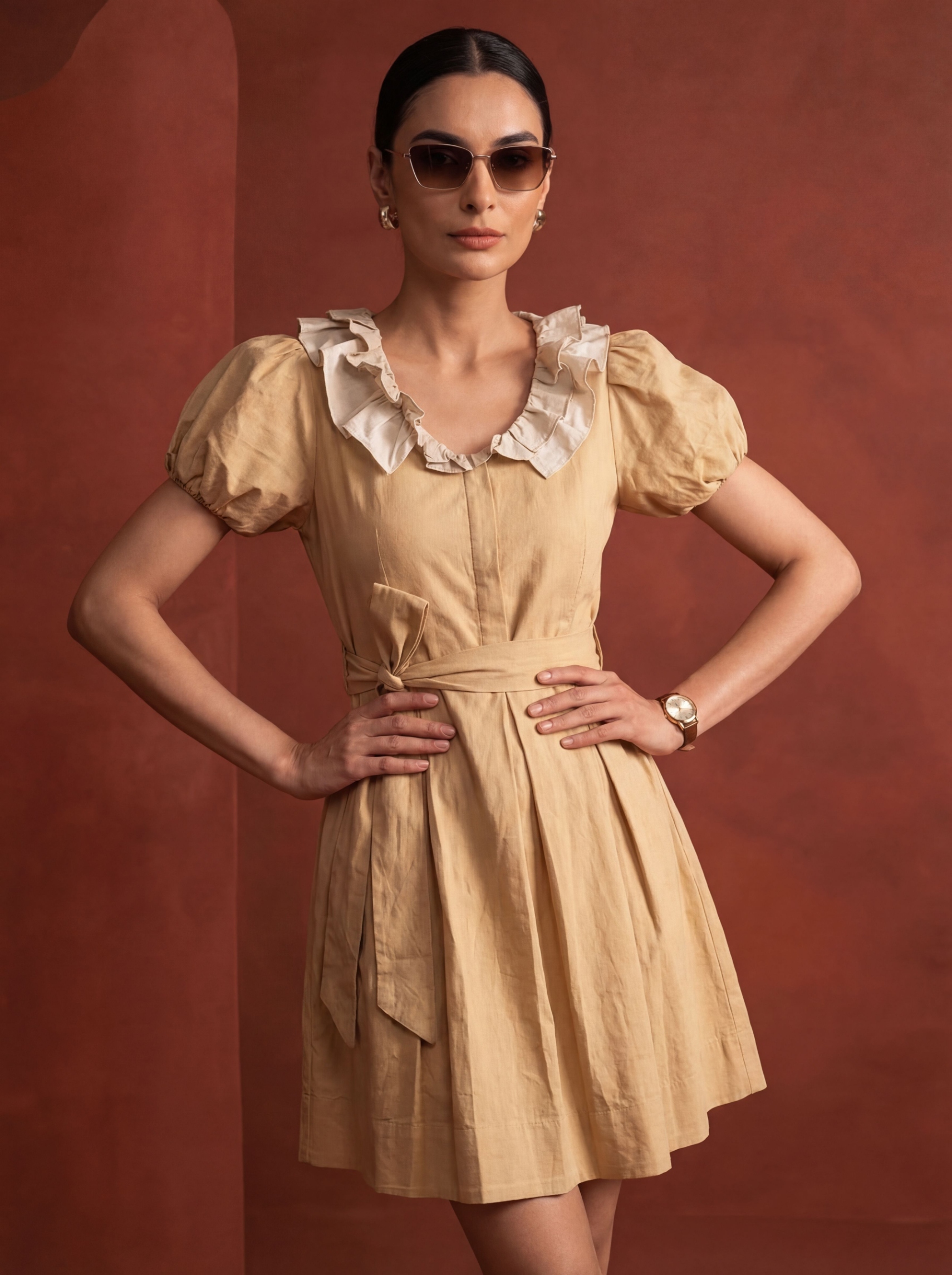 Mustard Solid Designer Linen Western Dress