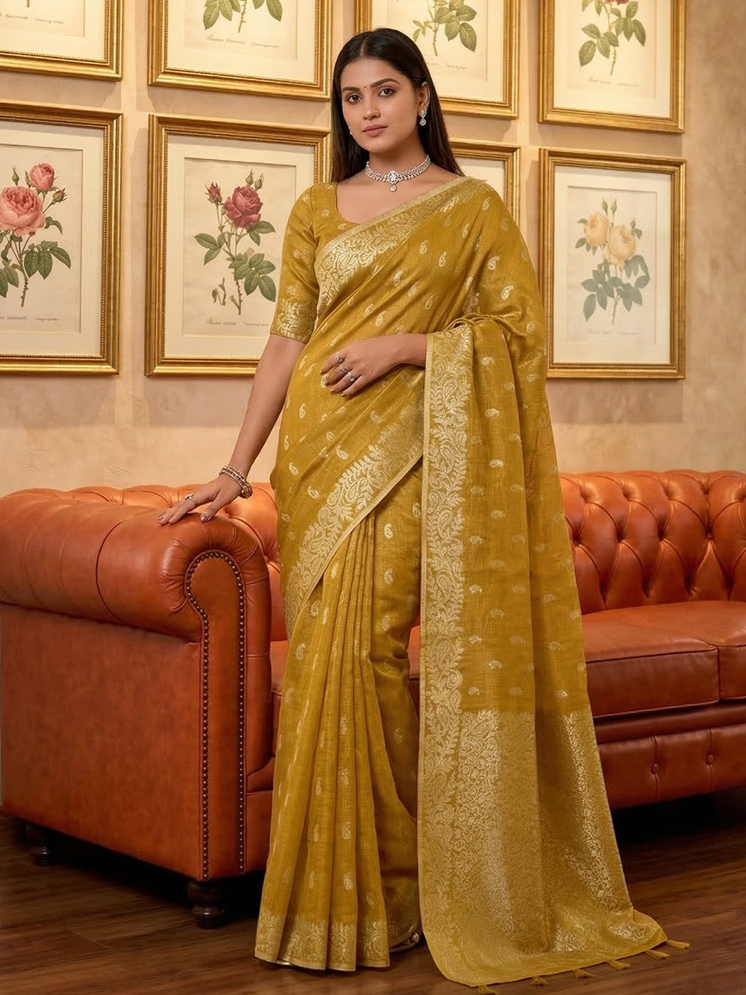 Mustard Tissue Silk Woven Designer Saree