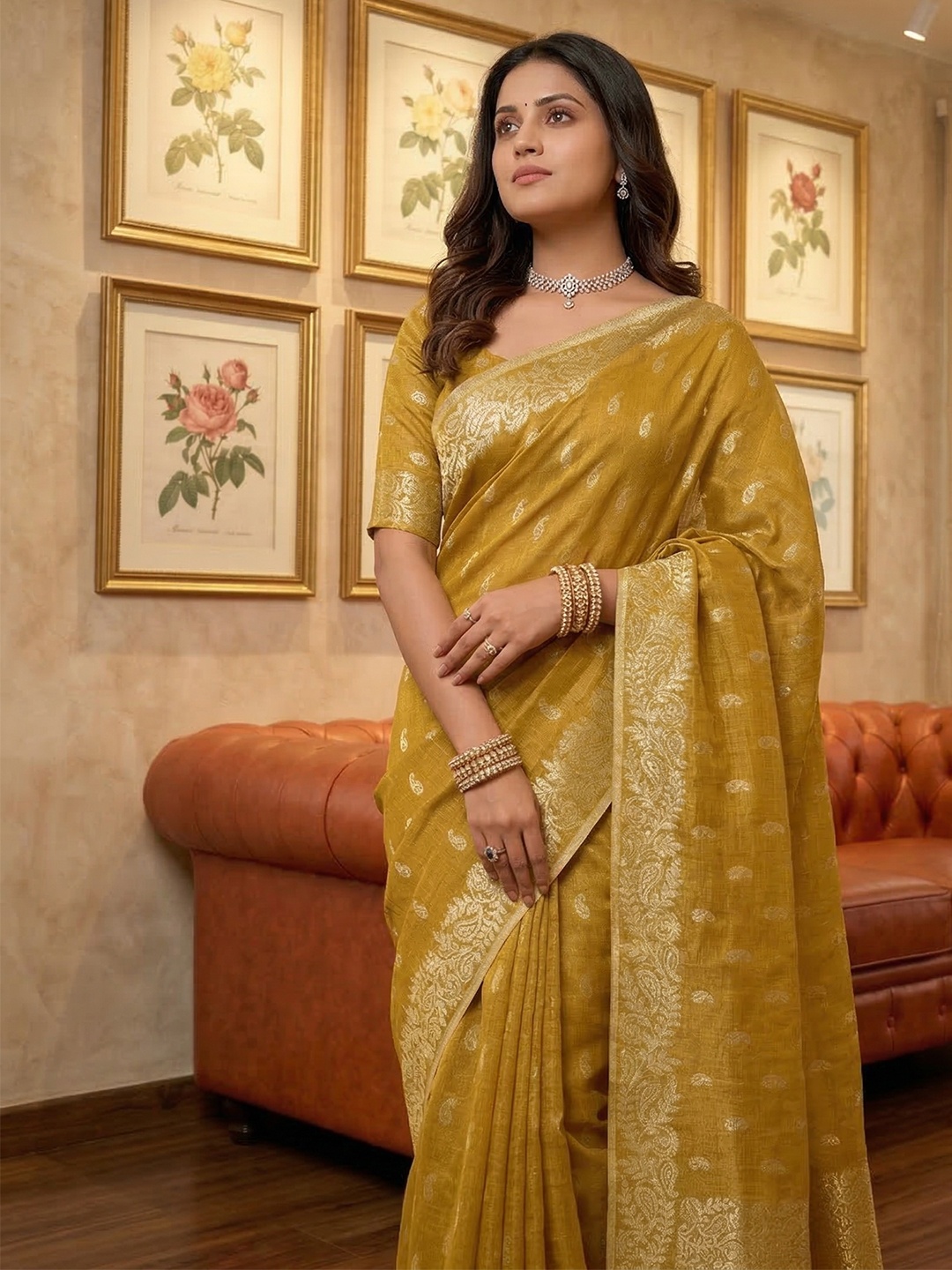 Mustard Tissue Silk Woven Designer Saree