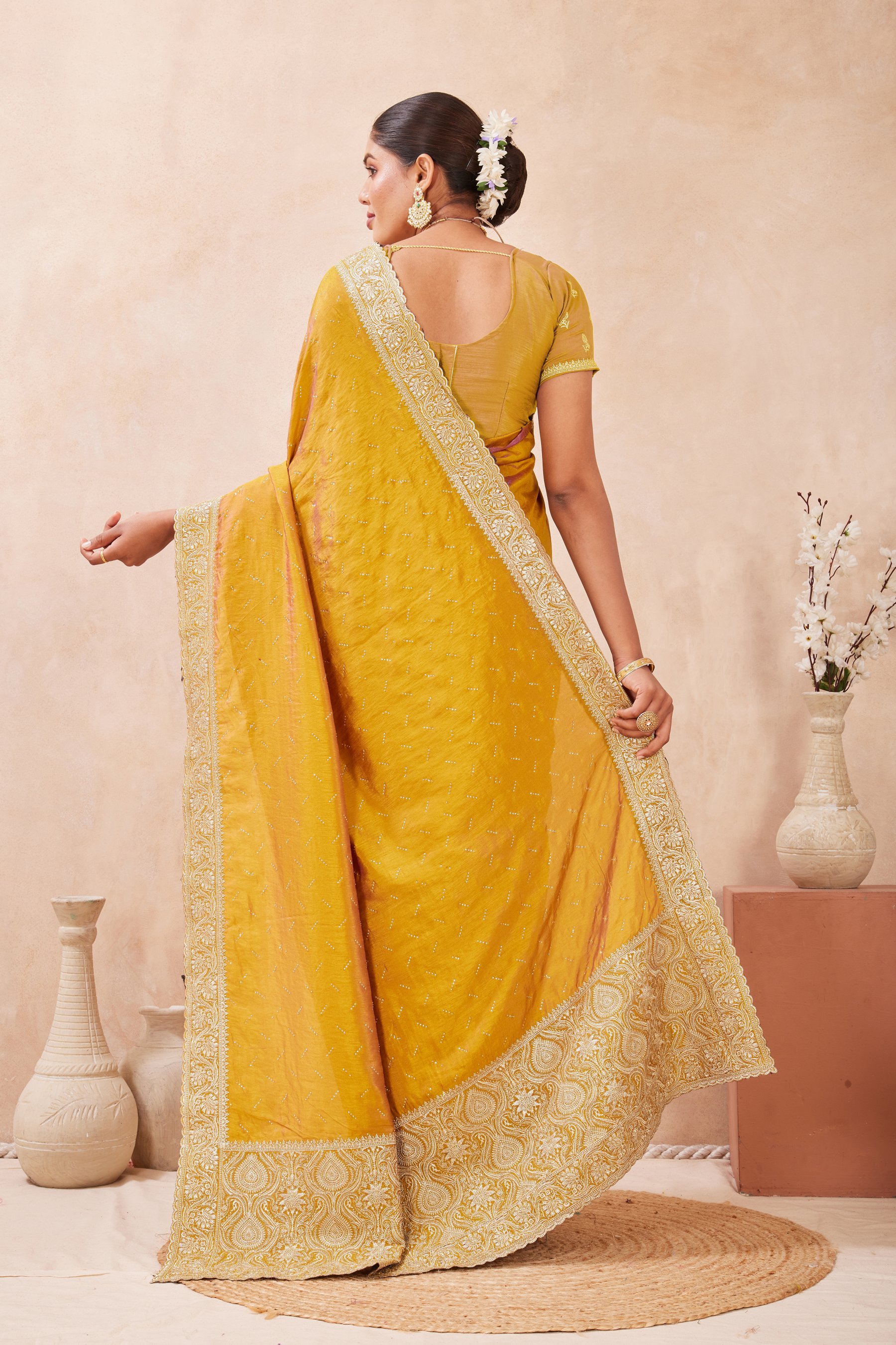 Mustard Tow Ton Silk Saree with Zari Pallu — alternate view