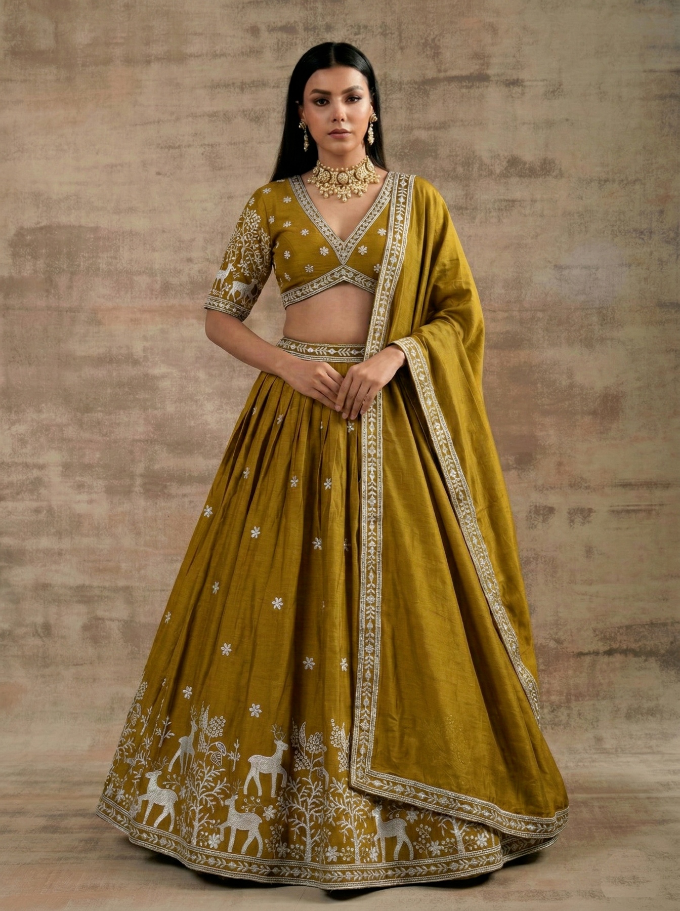 Mustard Traditional Embroidery Satin Silk Lehenga