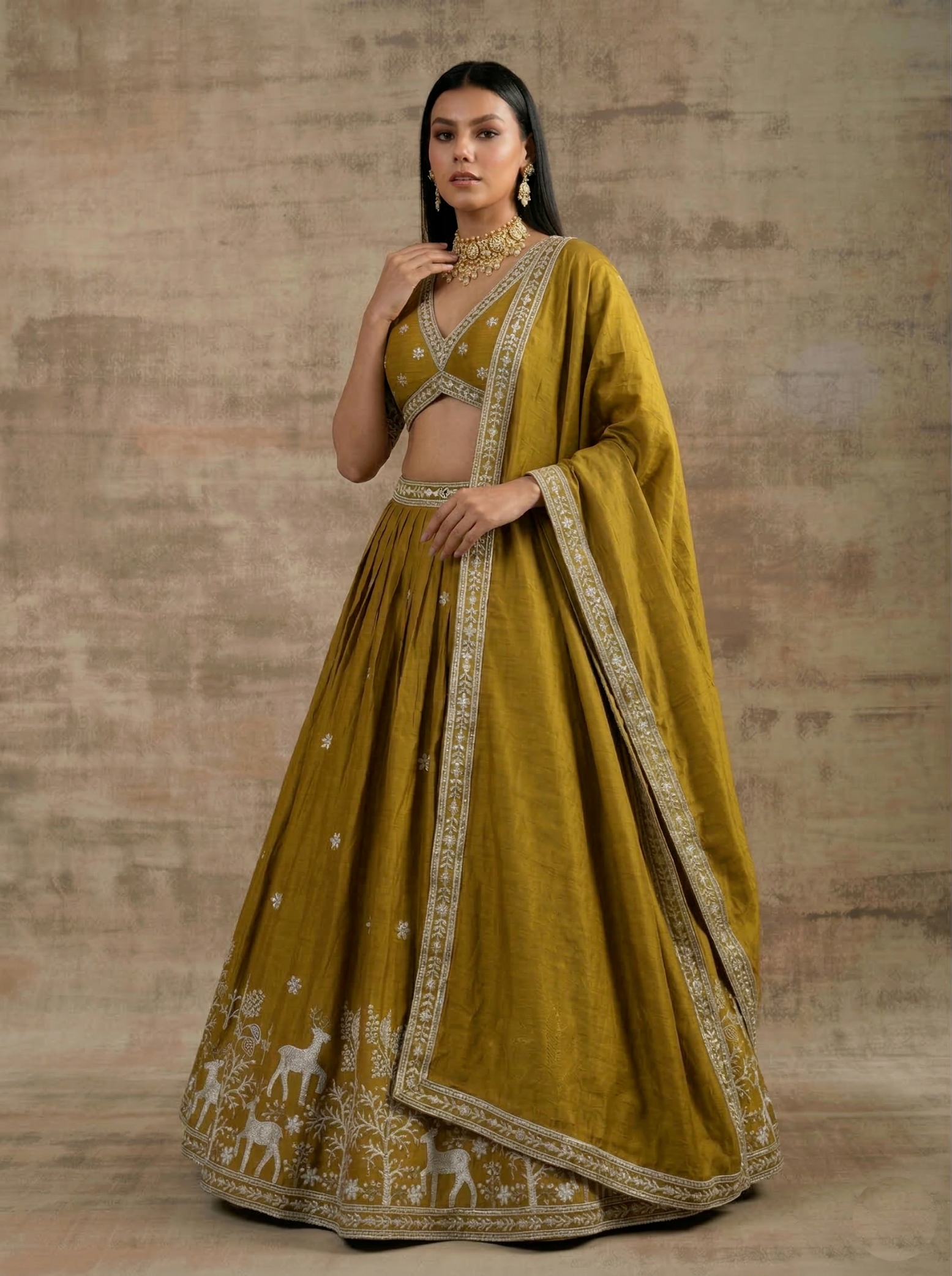 Mustard Traditional Embroidery Satin Silk Lehenga — alternate view