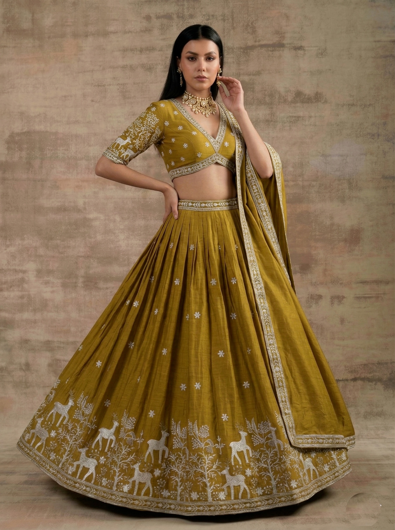 Mustard Traditional Embroidery Satin Silk Lehenga