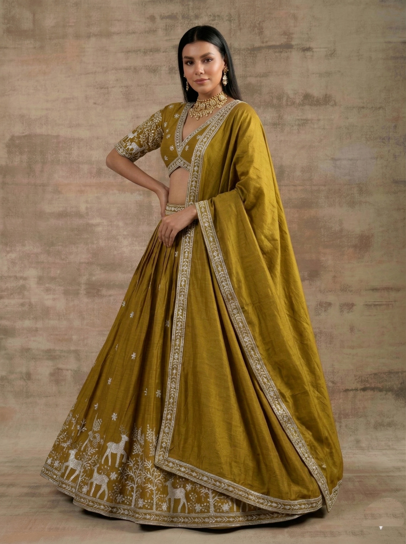 Mustard Traditional Embroidery Satin Silk Lehenga