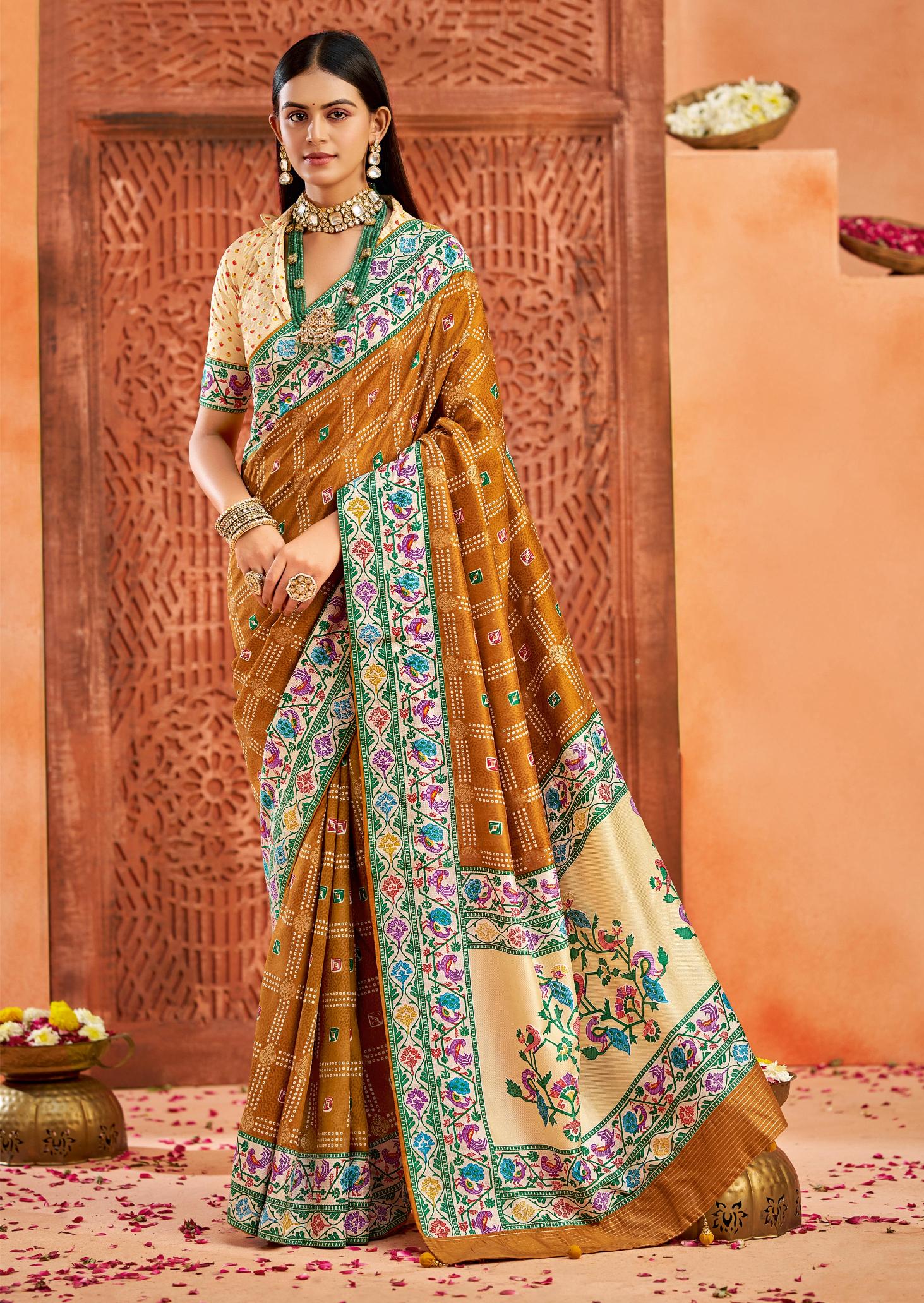 Mustard Velvet Tussar Silk Saree