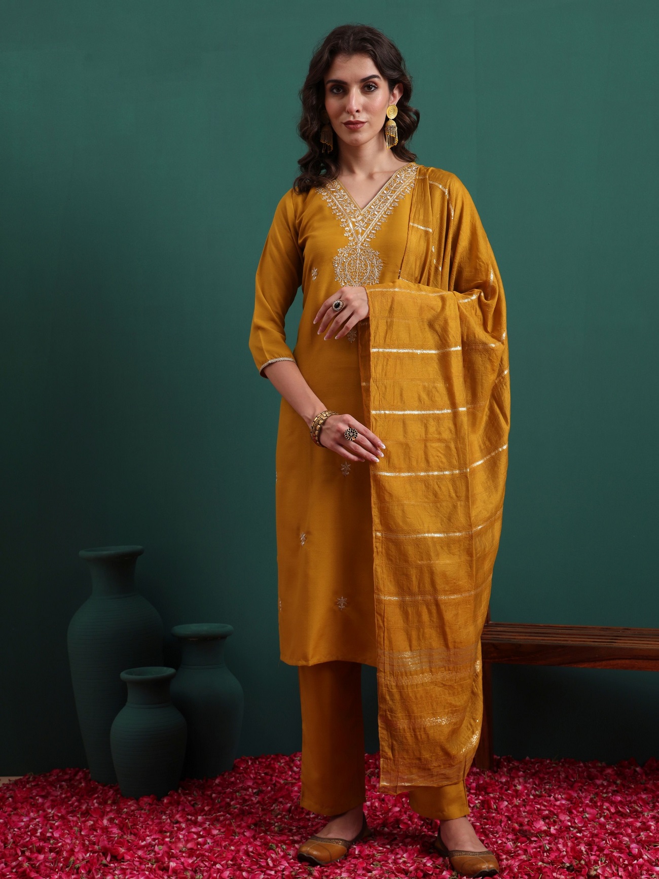 Mustard Viscose Embroidered Readymade Suit