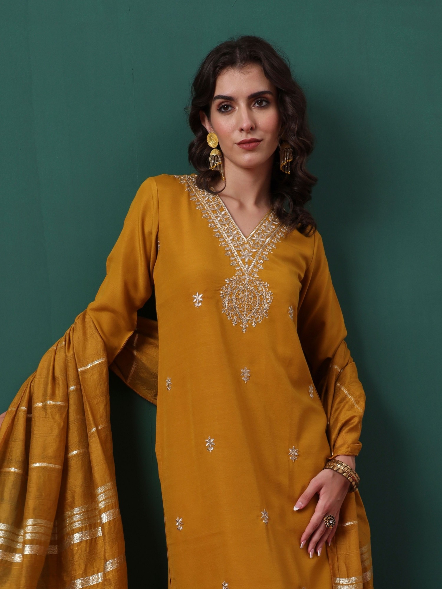 Mustard Viscose Embroidered Readymade Suit