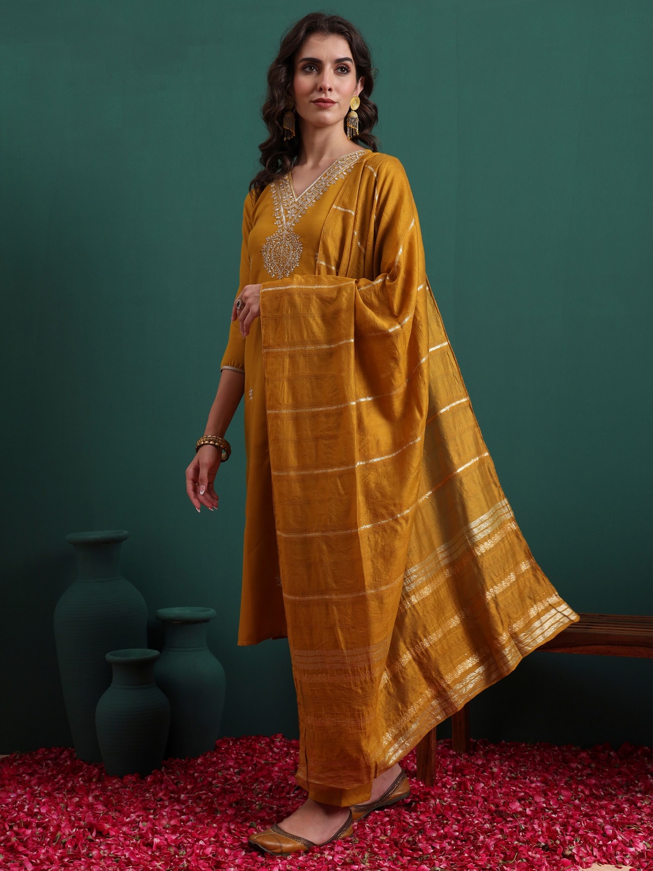 Mustard Viscose Embroidered Readymade Suit