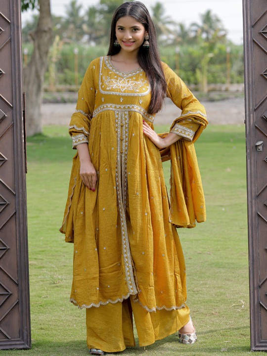 Mustard Viscose Silk Embroidered Readymade Suit