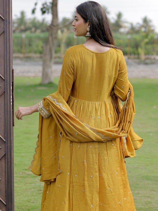 Mustard Viscose Silk Embroidered Readymade Suit — alternate view