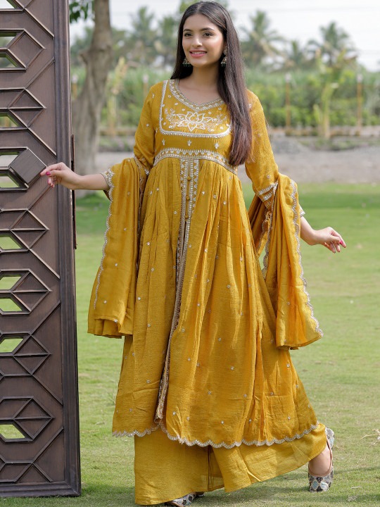 Mustard Viscose Silk Embroidered Readymade Suit
