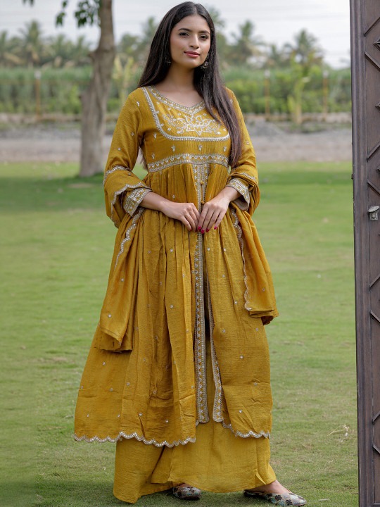 Mustard Viscose Silk Embroidered Readymade Suit