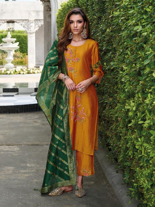 Mustard Viscose Silk Readymade Suit