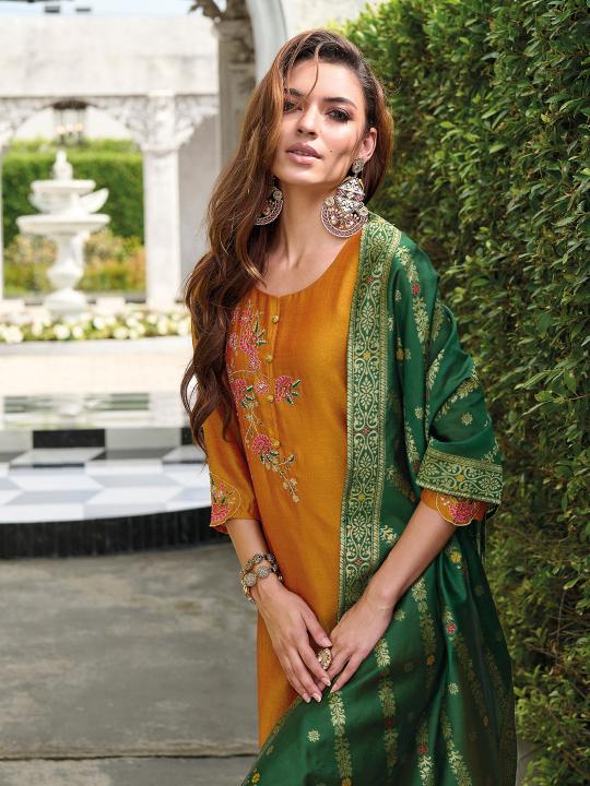 Mustard Viscose Silk Readymade Suit