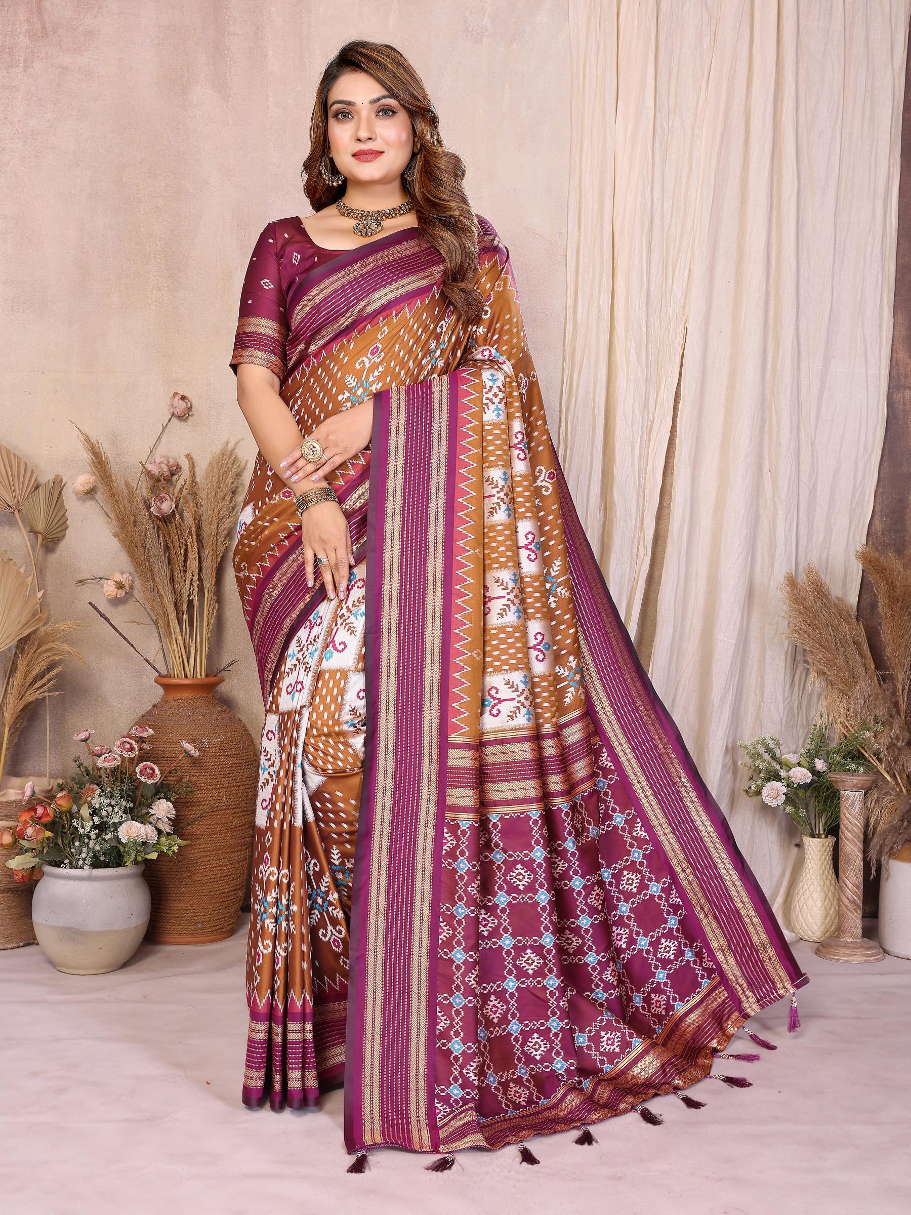 Mustard Wine Soft Silk Ikat Designer Saree