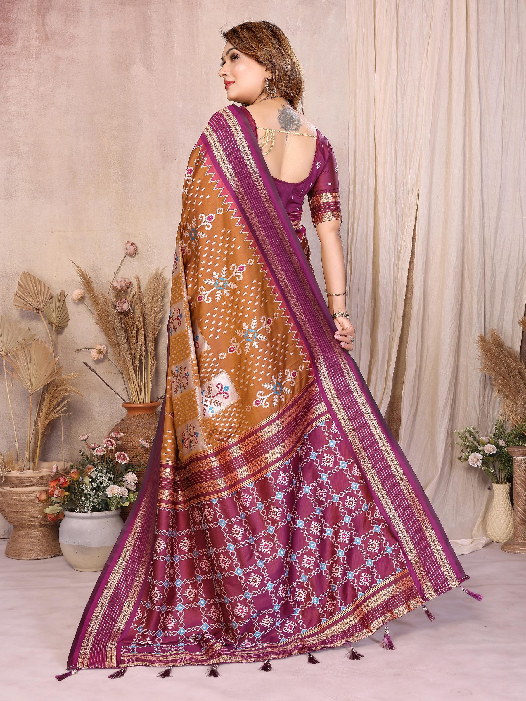 Mustard Wine Soft Silk Ikat Designer Saree — alternate view
